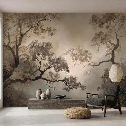 Sepia Vintage Forest Mural Wallpaper, Atmospheric Tree Wall Art, Dark Academia Decor-WP0085