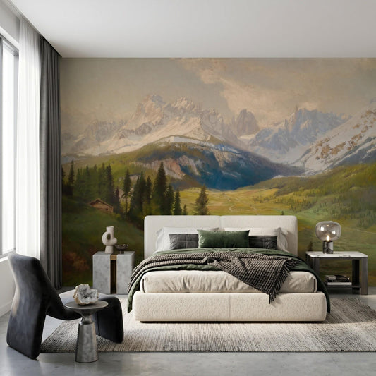 Muted Green Vintage Alpine Oil Painting Wall Mural, Mountain Landscape Wallpaper, Classic European Home Decor-WP0060