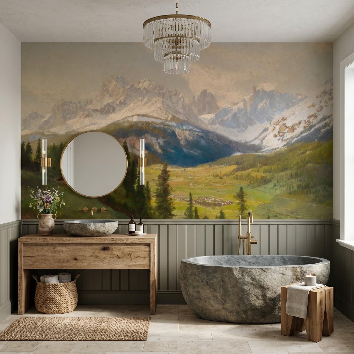 Muted Green Vintage Alpine Oil Painting Wall Mural, Mountain Landscape Wallpaper, Classic European Home Decor-WP0060