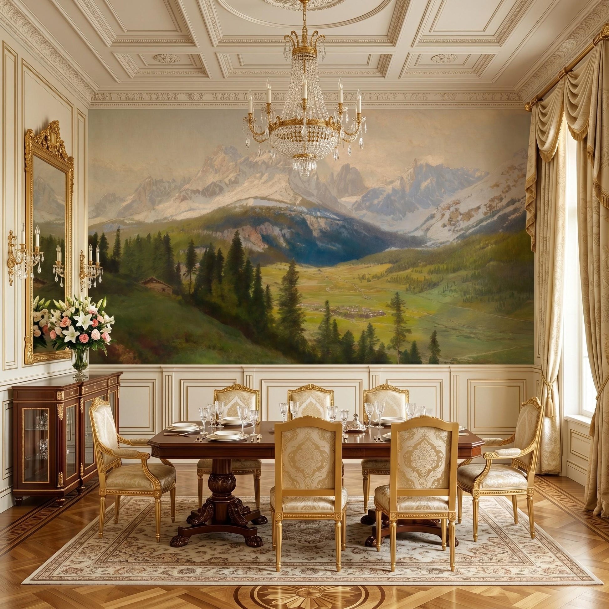 Muted Green Vintage Alpine Oil Painting Wall Mural, Mountain Landscape Wallpaper, Classic European Home Decor-WP0060