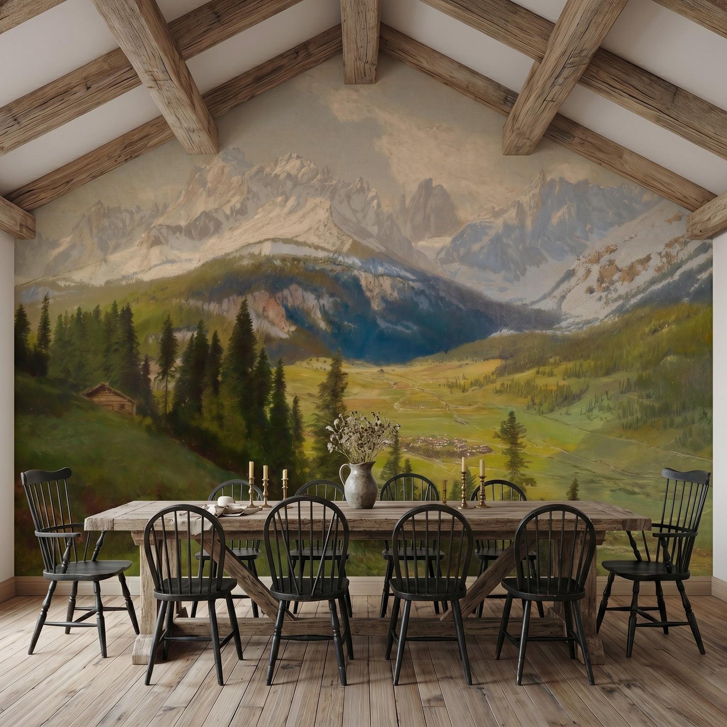 Muted Green Vintage Alpine Oil Painting Wall Mural, Mountain Landscape Wallpaper, Classic European Home Decor-WP0060