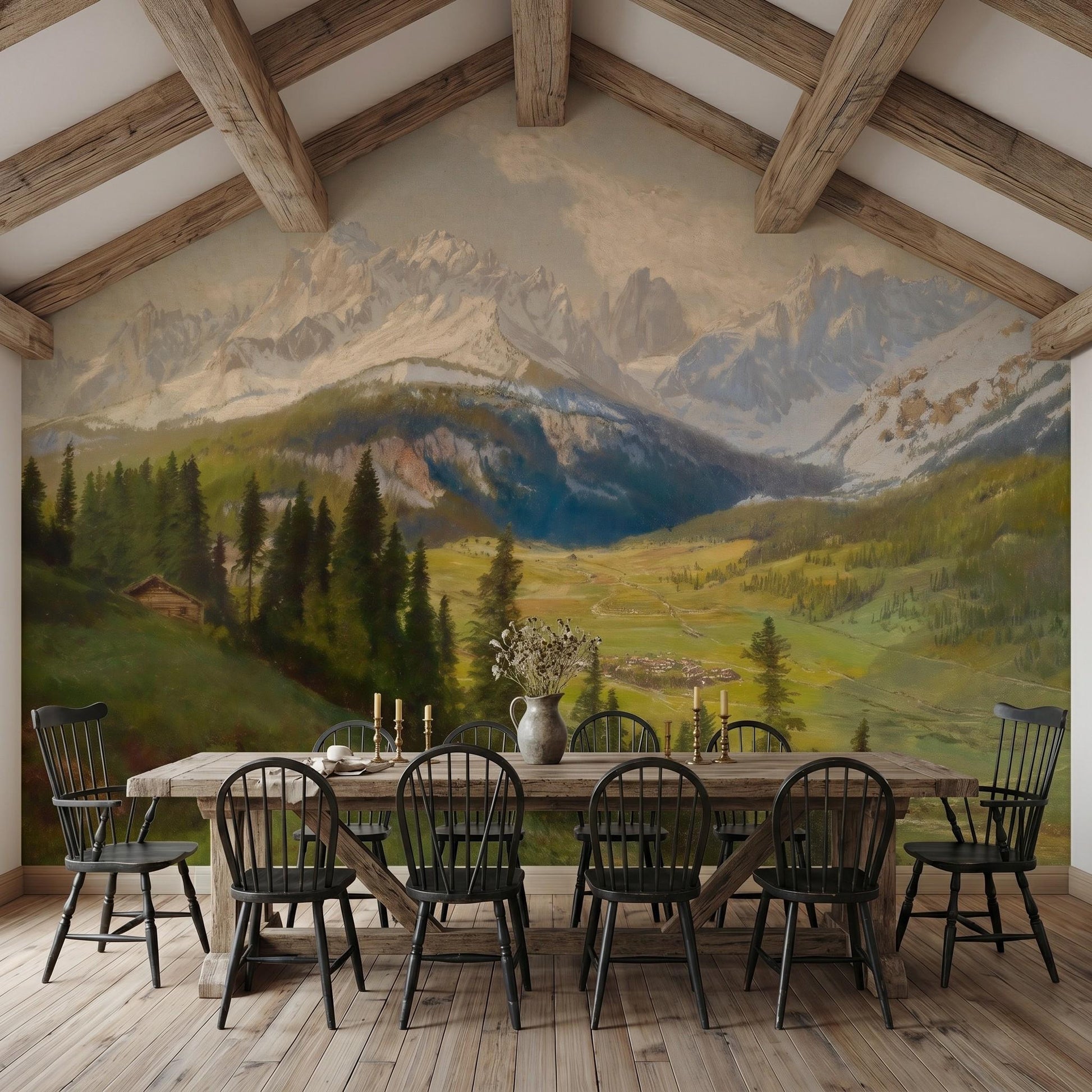 Muted Green Vintage Alpine Oil Painting Wall Mural, Mountain Landscape Wallpaper, Classic European Home Decor-WP0060