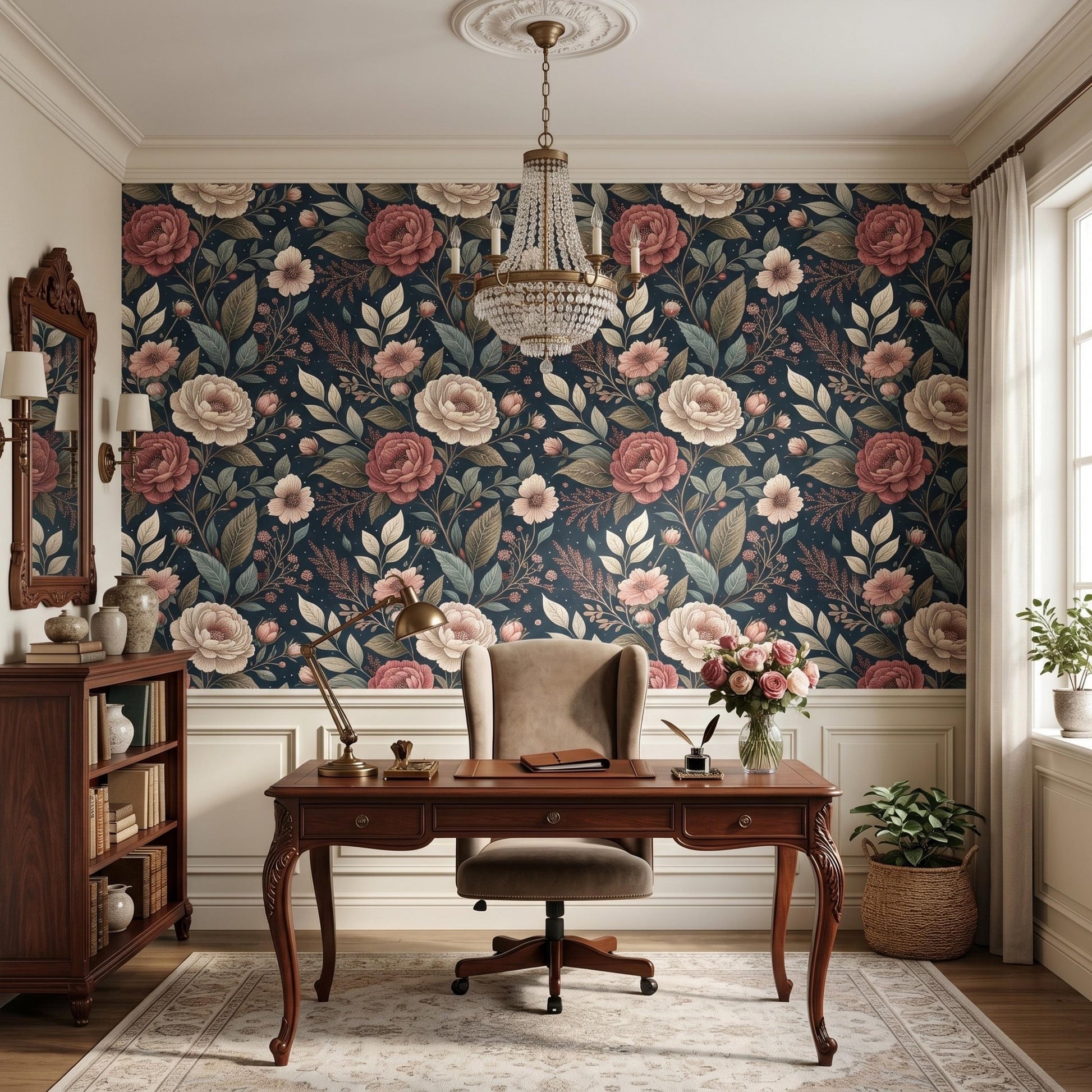 Dark Navy Blue Moody Vintage Floral Rose Wallpaper, Victorian Botanical Wall Decor, Dusty Rose Peel and Stick, Maximalist Home Accent-WP0086