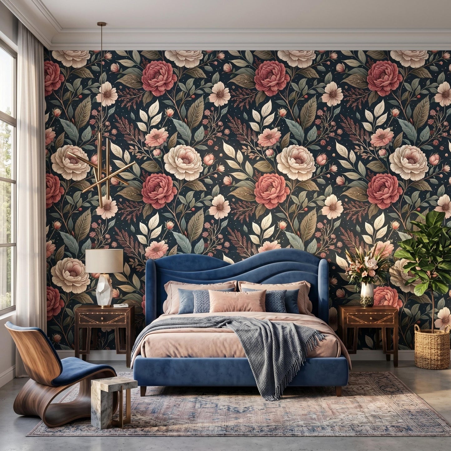 Dark Navy Blue Moody Vintage Floral Rose Wallpaper, Victorian Botanical Wall Decor, Dusty Rose Peel and Stick, Maximalist Home Accent-WP0086