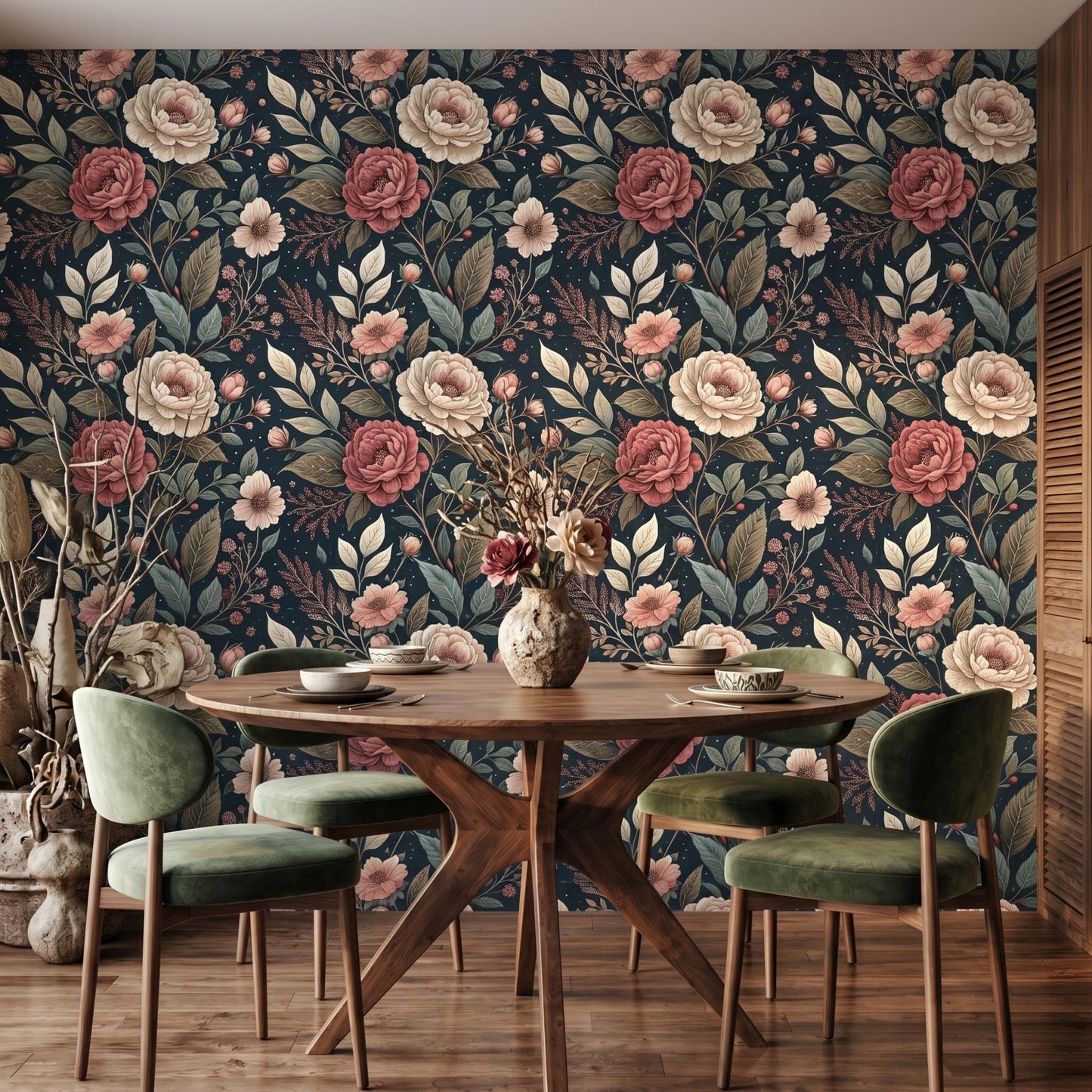 Dark Navy Blue Moody Vintage Floral Rose Wallpaper, Victorian Botanical Wall Decor, Dusty Rose Peel and Stick, Maximalist Home Accent-WP0086