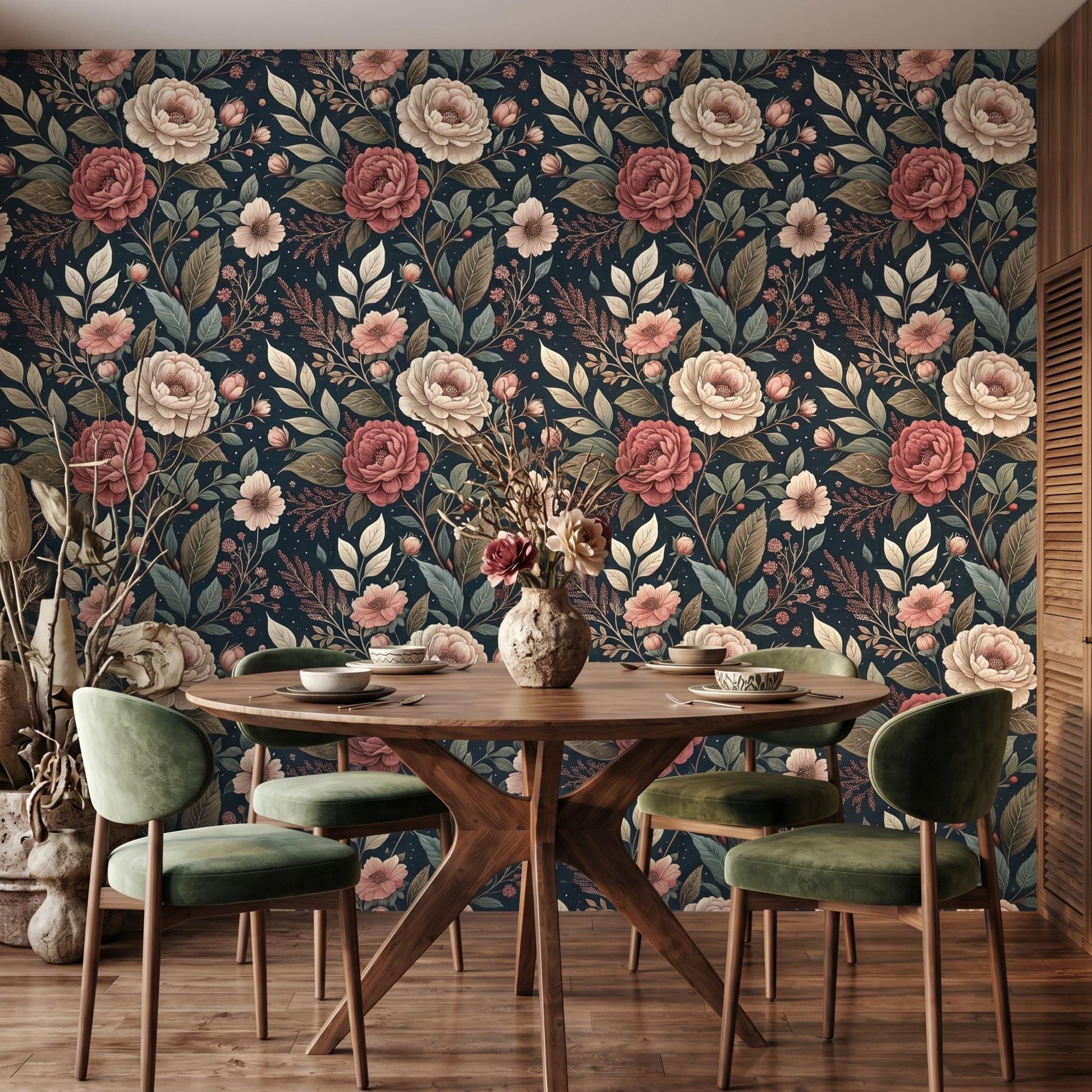 Dark Navy Blue Moody Vintage Floral Rose Wallpaper, Victorian Botanical Wall Decor, Dusty Rose Peel and Stick, Maximalist Home Accent-WP0086