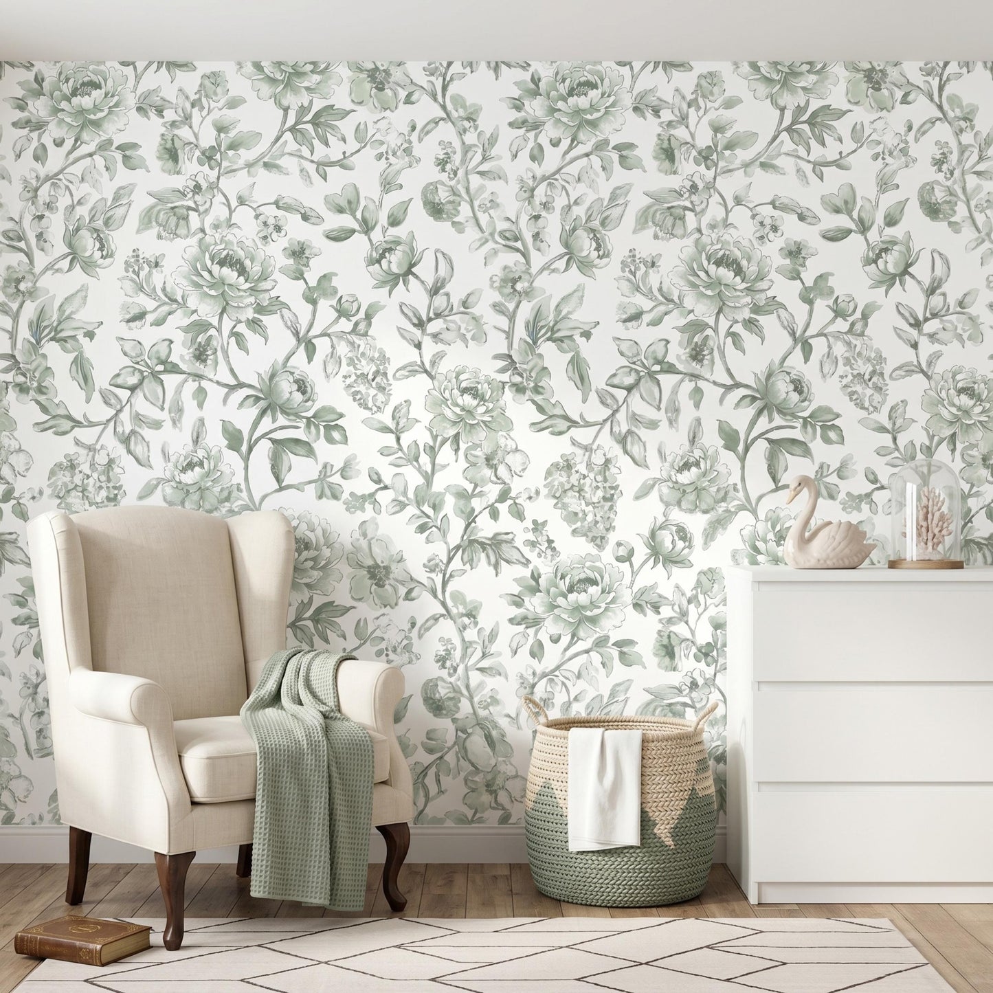 Sage Green Peony Floral Wallpaper Mural: Vintage French Botanical Peel and Stick Wall Art-WP0061
