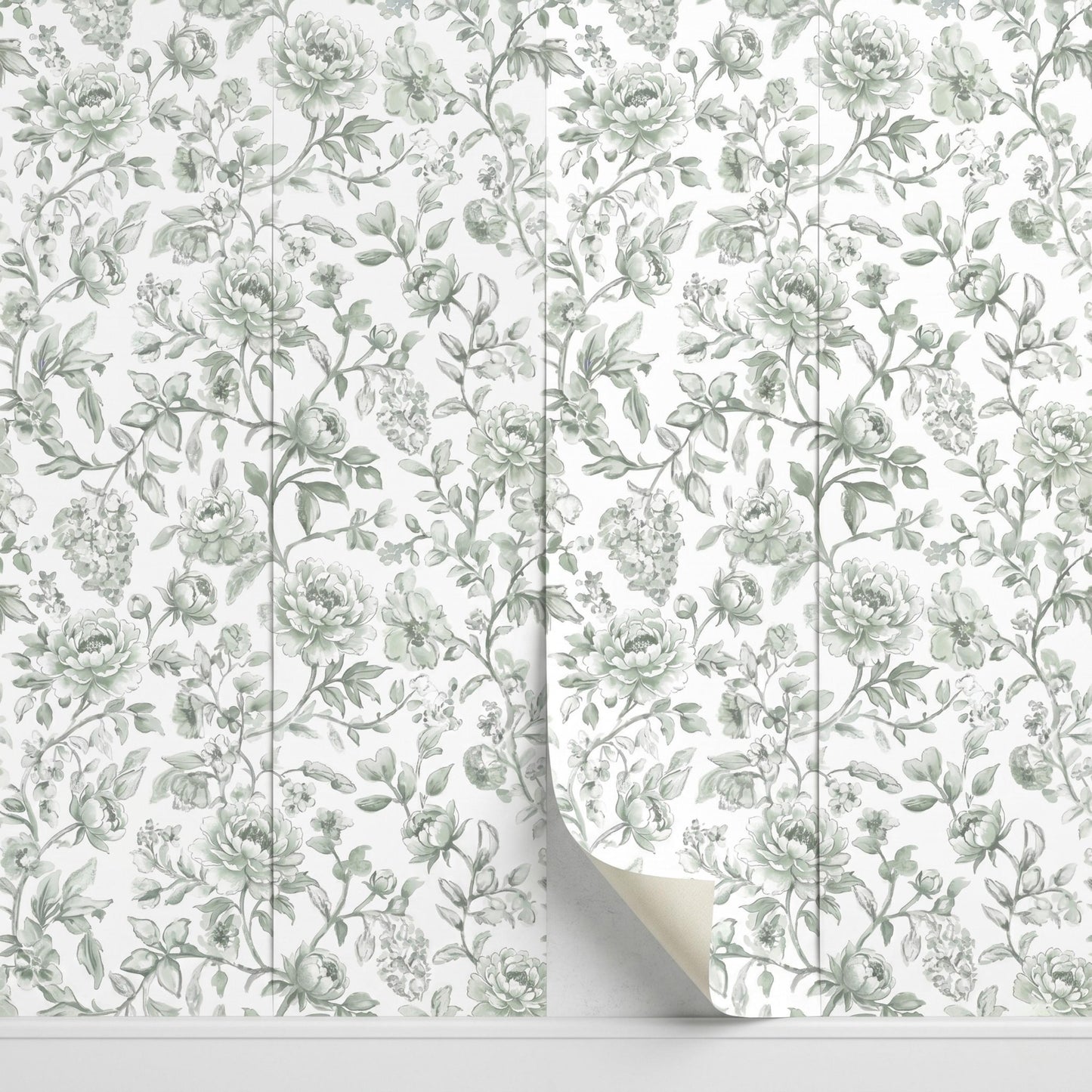 Sage Green Peony Floral Wallpaper Mural: Vintage French Botanical Peel and Stick Wall Art-WP0061