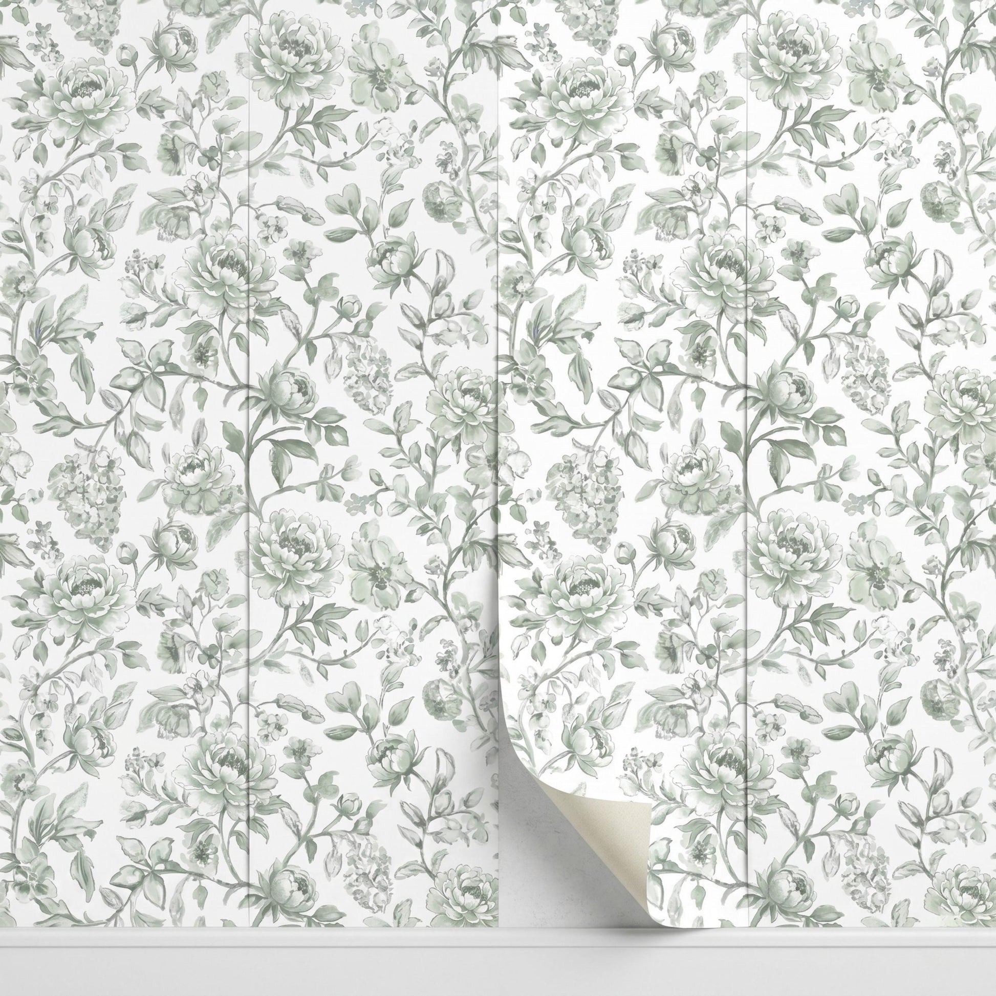 Sage Green Peony Floral Wallpaper Mural: Vintage French Botanical Peel and Stick Wall Art-WP0061