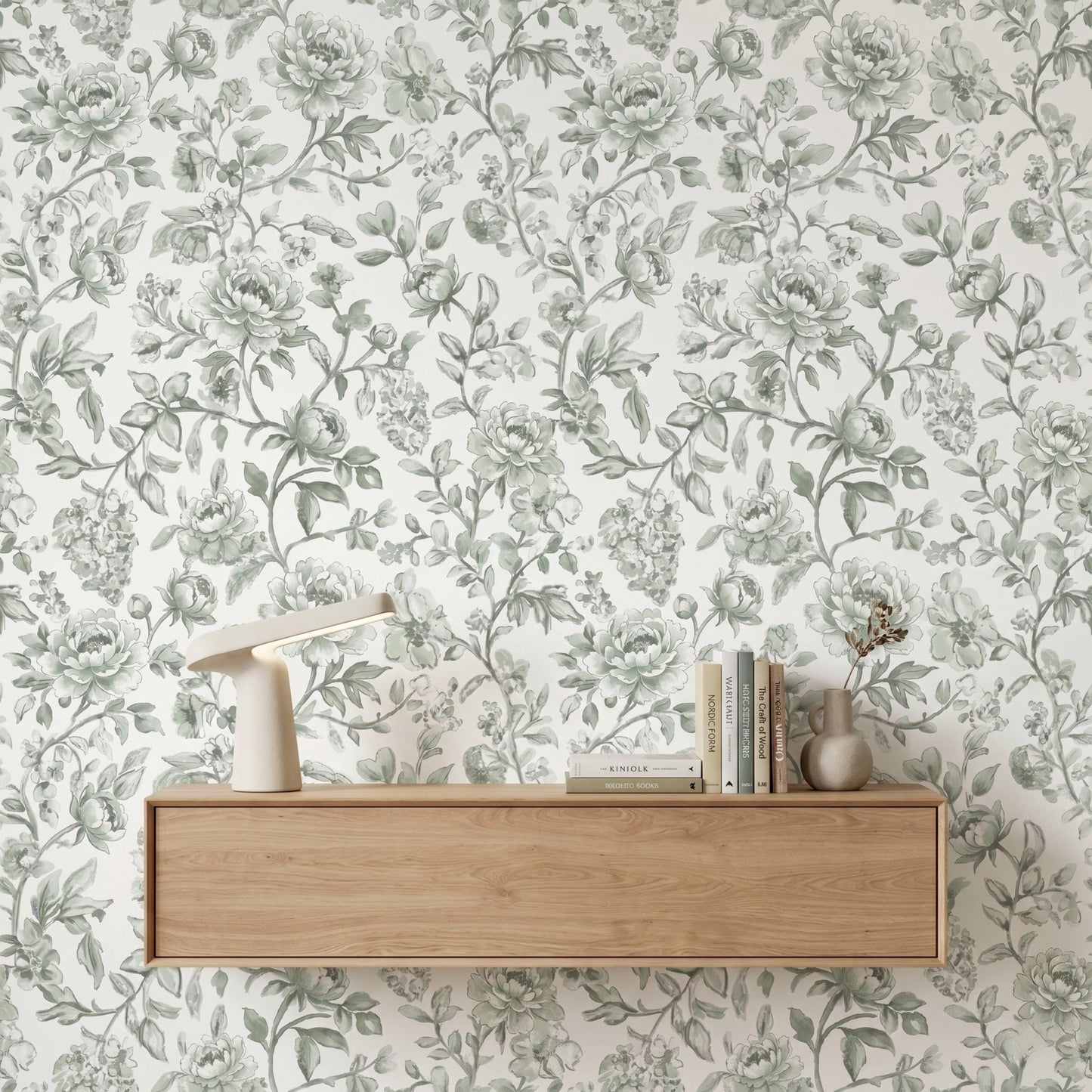 Sage Green Peony Floral Wallpaper Mural: Vintage French Botanical Peel and Stick Wall Art-WP0061