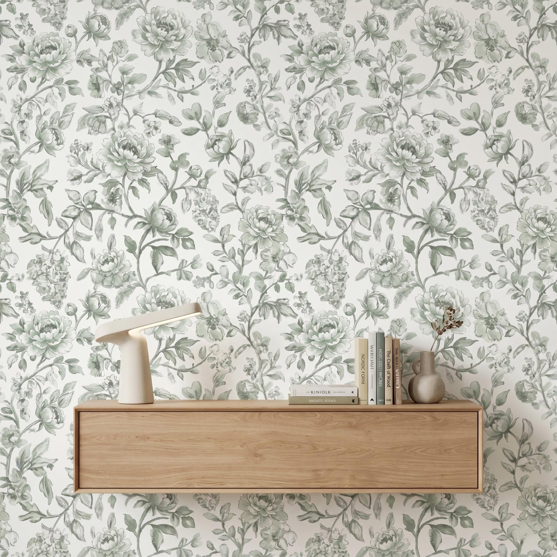 Sage Green Peony Floral Wallpaper Mural: Vintage French Botanical Peel and Stick Wall Art-WP0061