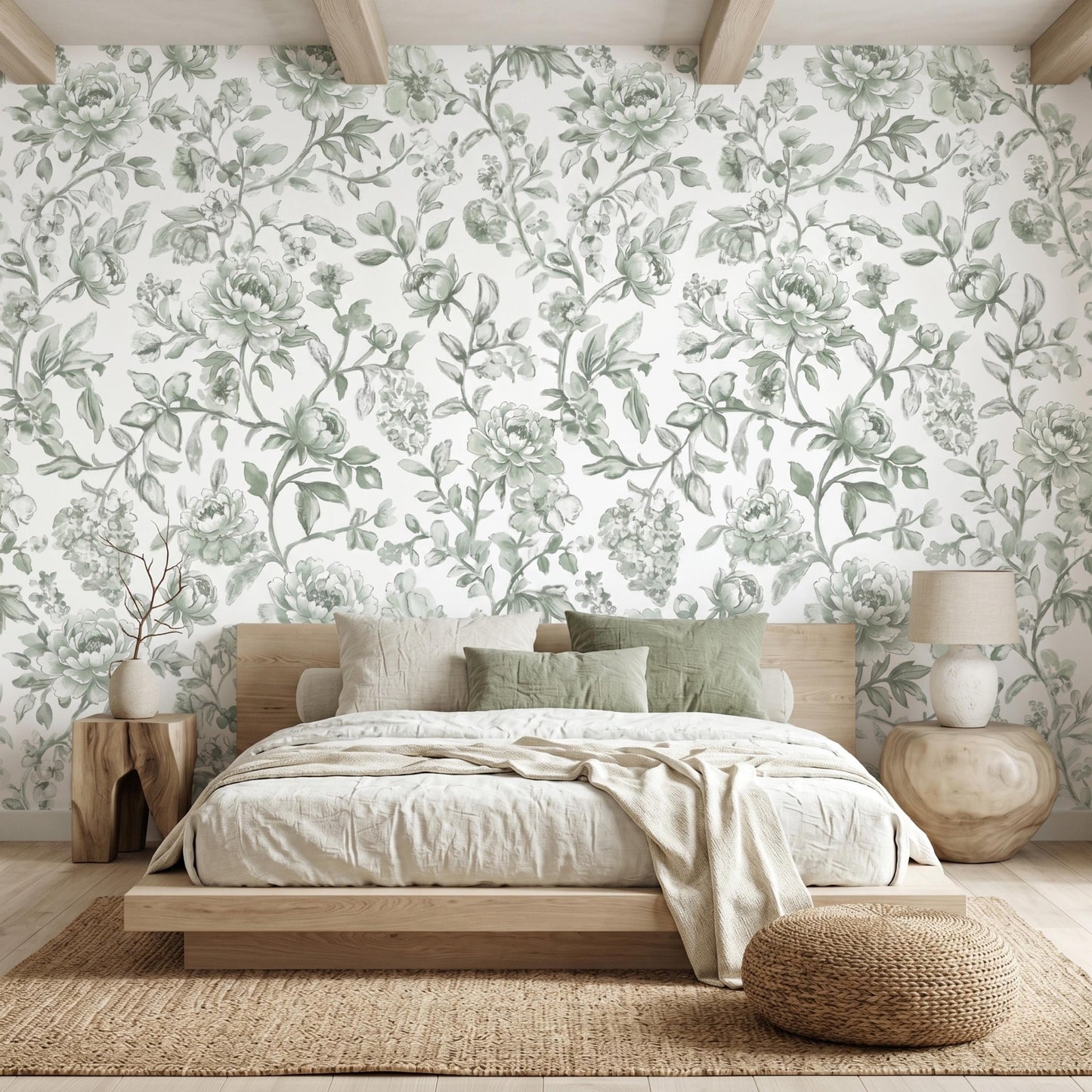 Sage Green Peony Floral Wallpaper Mural: Vintage French Botanical Peel and Stick Wall Art-WP0061