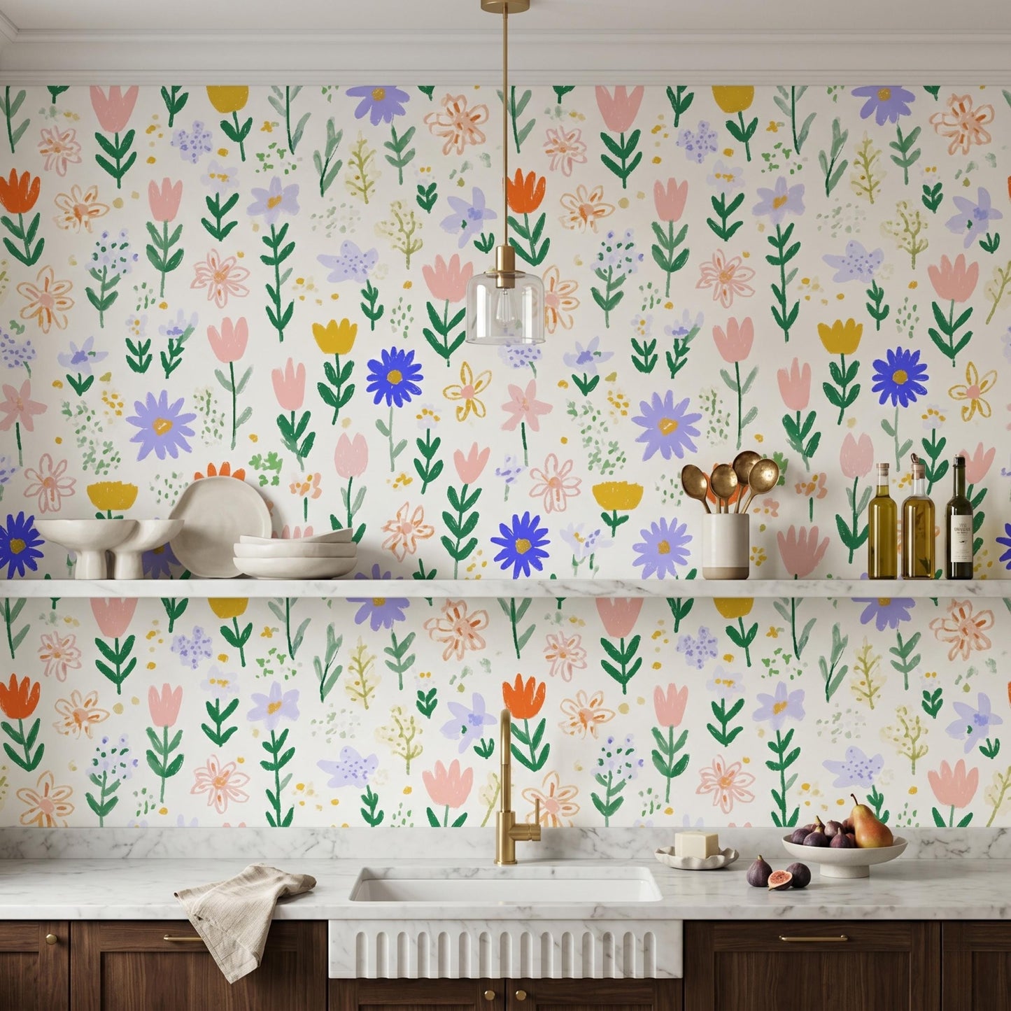 Multi Color Whimsical Hand Painted Wildflower Wallpaper, Cottagecore Nursery Wall Decor, Boho Pastel Floral Wall Mural-WP0062