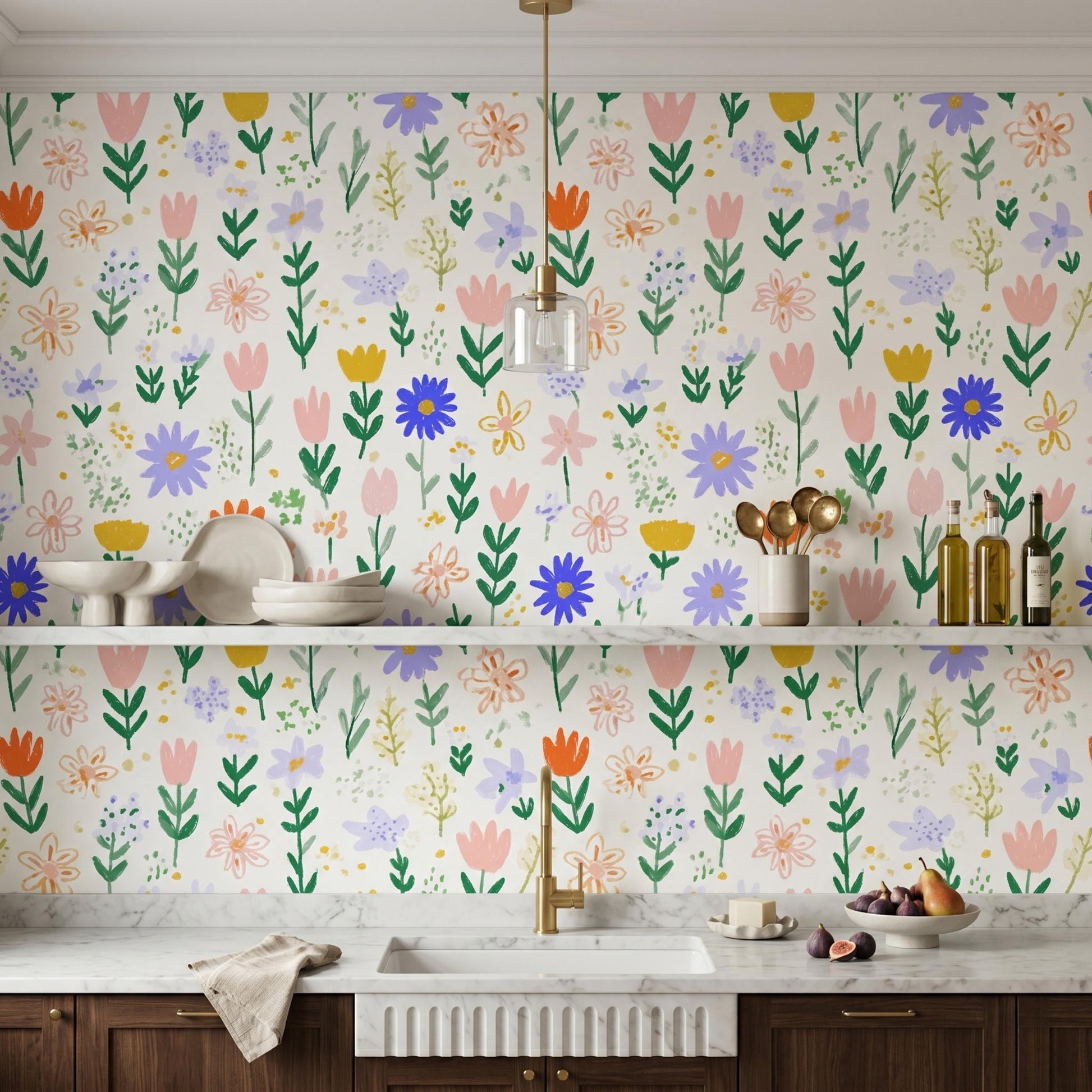 Multi Color Whimsical Hand Painted Wildflower Wallpaper, Cottagecore Nursery Wall Decor, Boho Pastel Floral Wall Mural-WP0062