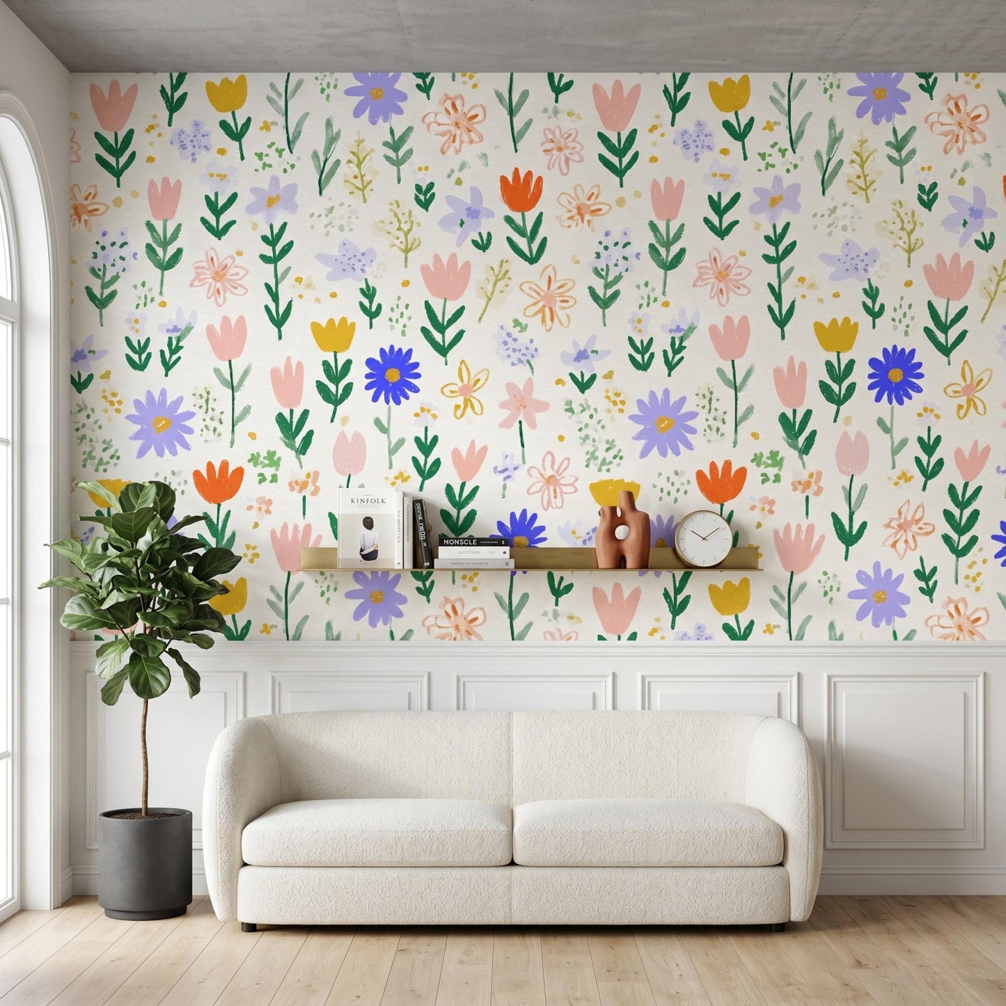 Multi Color Whimsical Hand Painted Wildflower Wallpaper, Cottagecore Nursery Wall Decor, Boho Pastel Floral Wall Mural-WP0062