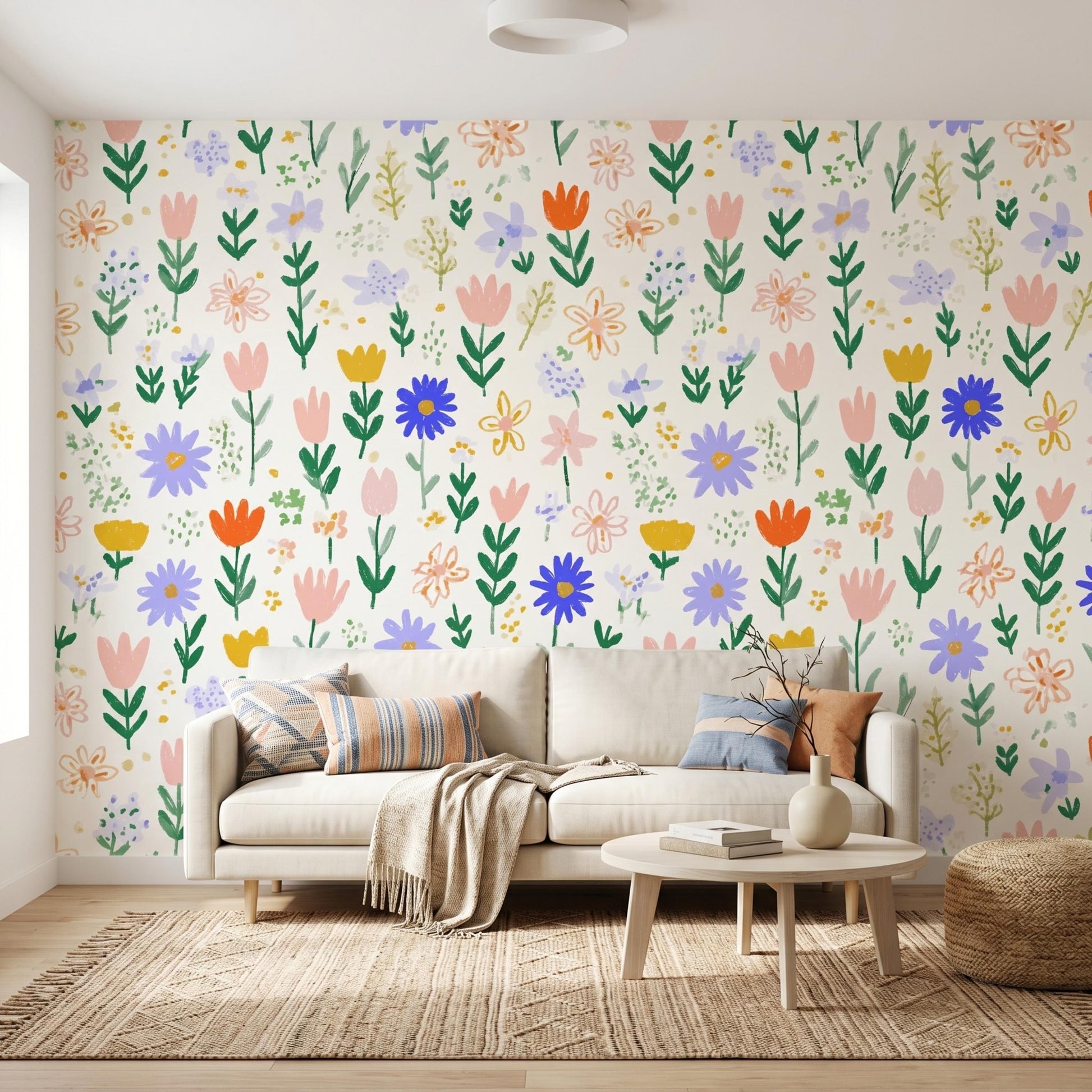 Multi Color Whimsical Hand Painted Wildflower Wallpaper, Cottagecore Nursery Wall Decor, Boho Pastel Floral Wall Mural-WP0062