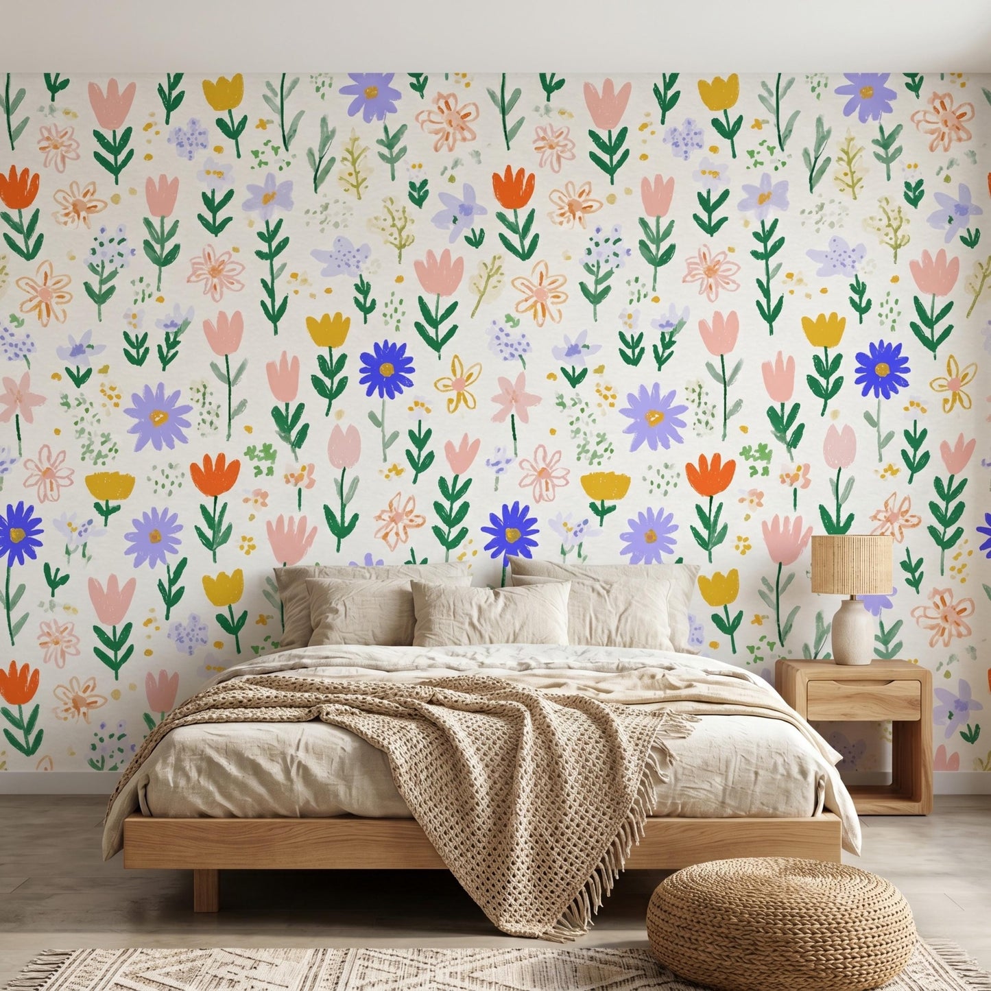 Multi Color Whimsical Hand Painted Wildflower Wallpaper, Cottagecore Nursery Wall Decor, Boho Pastel Floral Wall Mural-WP0062