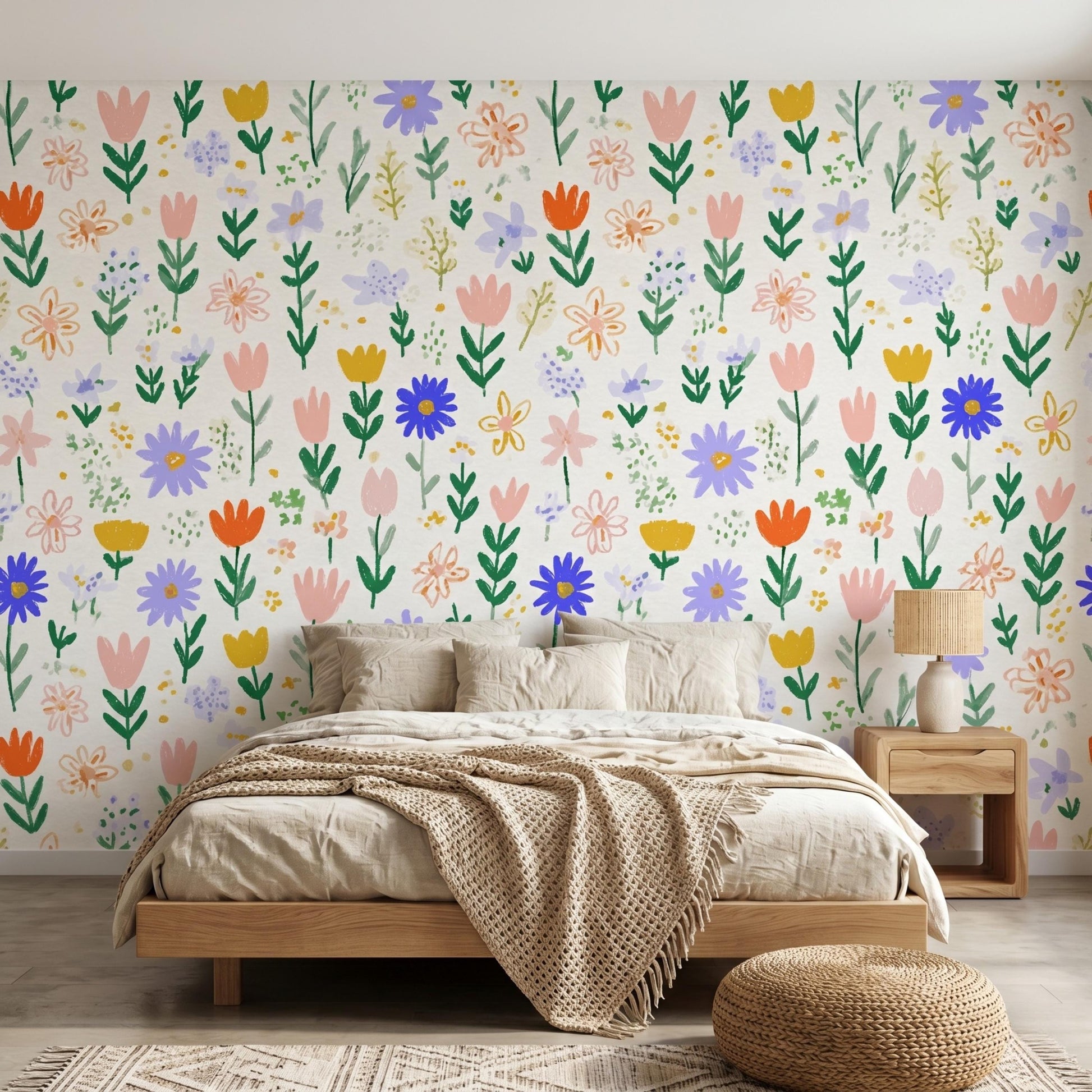 Multi Color Whimsical Hand Painted Wildflower Wallpaper, Cottagecore Nursery Wall Decor, Boho Pastel Floral Wall Mural-WP0062
