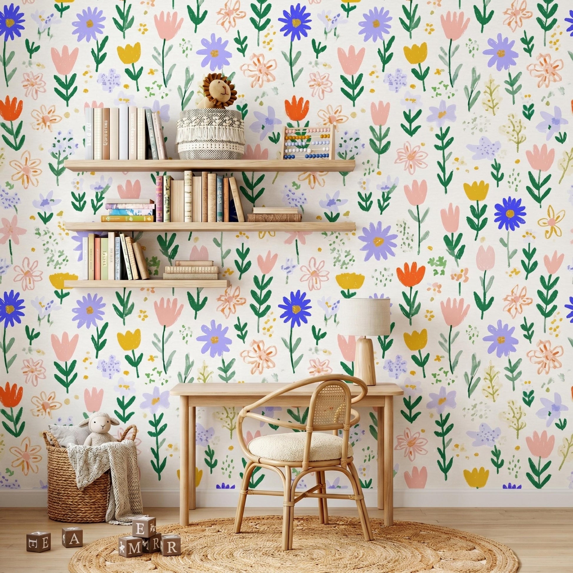 Multi Color Whimsical Hand Painted Wildflower Wallpaper, Cottagecore Nursery Wall Decor, Boho Pastel Floral Wall Mural-WP0062