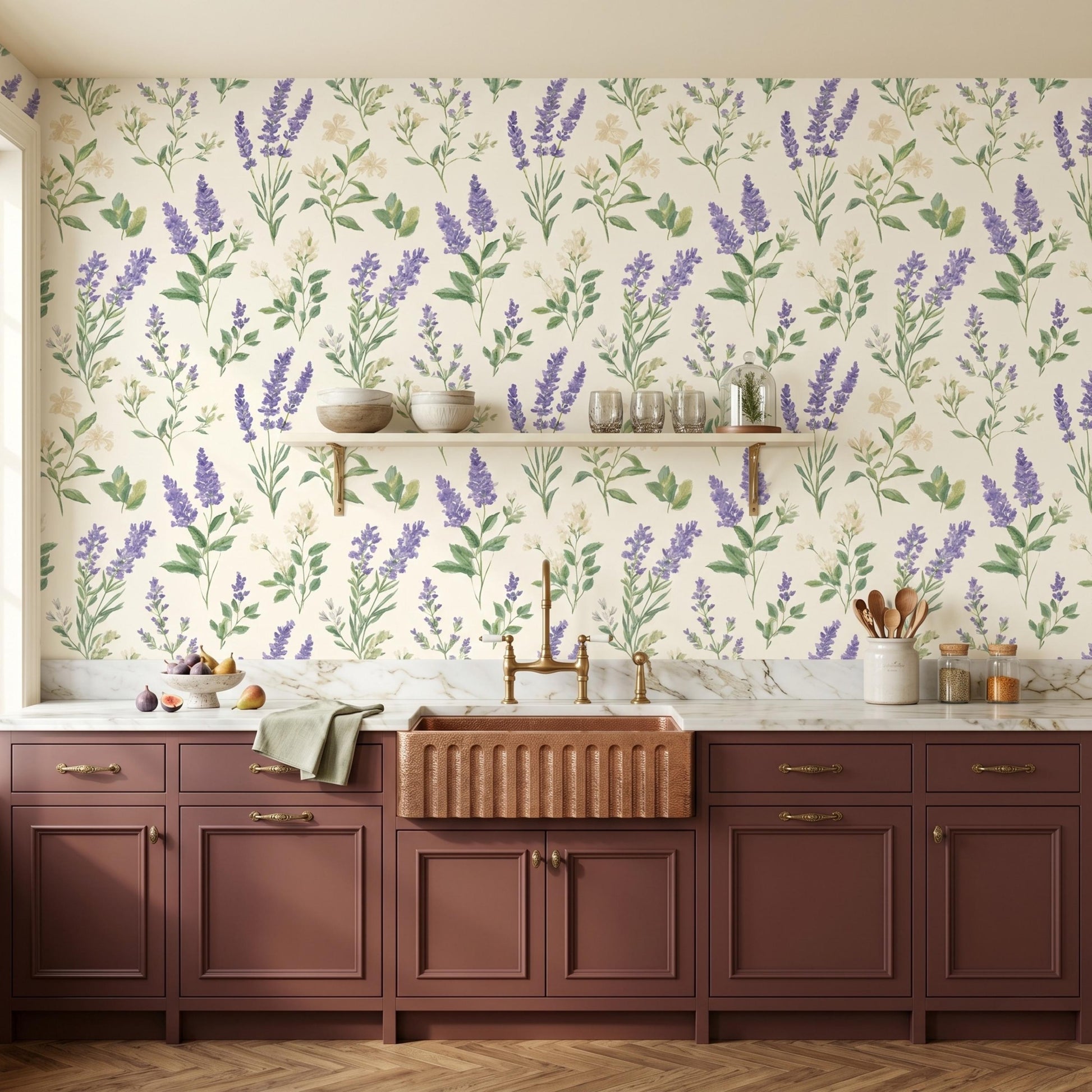 Lavender Purple Vintage Botanical Floral Wallpaper, Cottagecore Wall Decor, French Country Nursery Art, Spring Flower Peel and Stick-WP0063