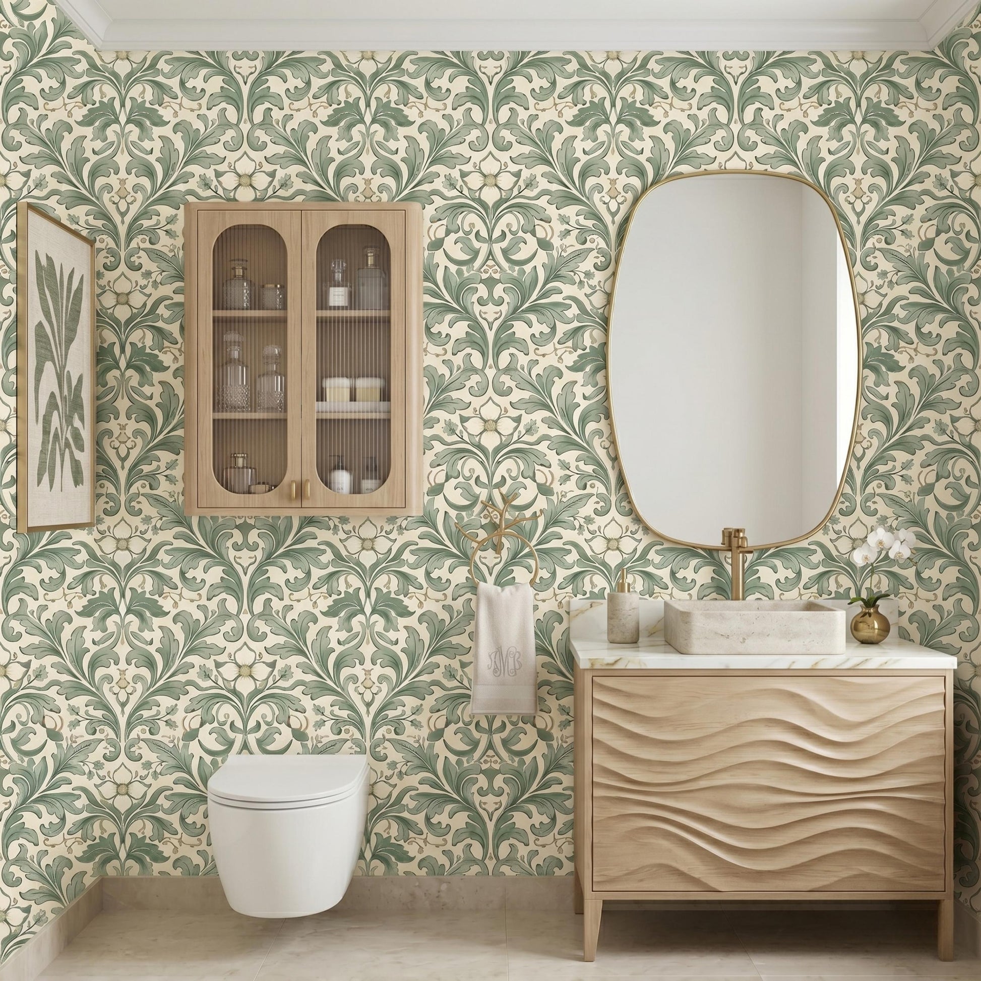 Sage Green William Morris Style Floral Wallpaper, Vintage Botanical Art Nouveau Wall Decor, Cottagecore Aesthetic Home Accents-WP0089
