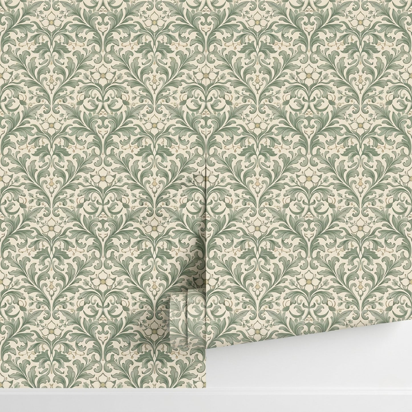 Sage Green William Morris Style Floral Wallpaper, Vintage Botanical Art Nouveau Wall Decor, Cottagecore Aesthetic Home Accents-WP0089