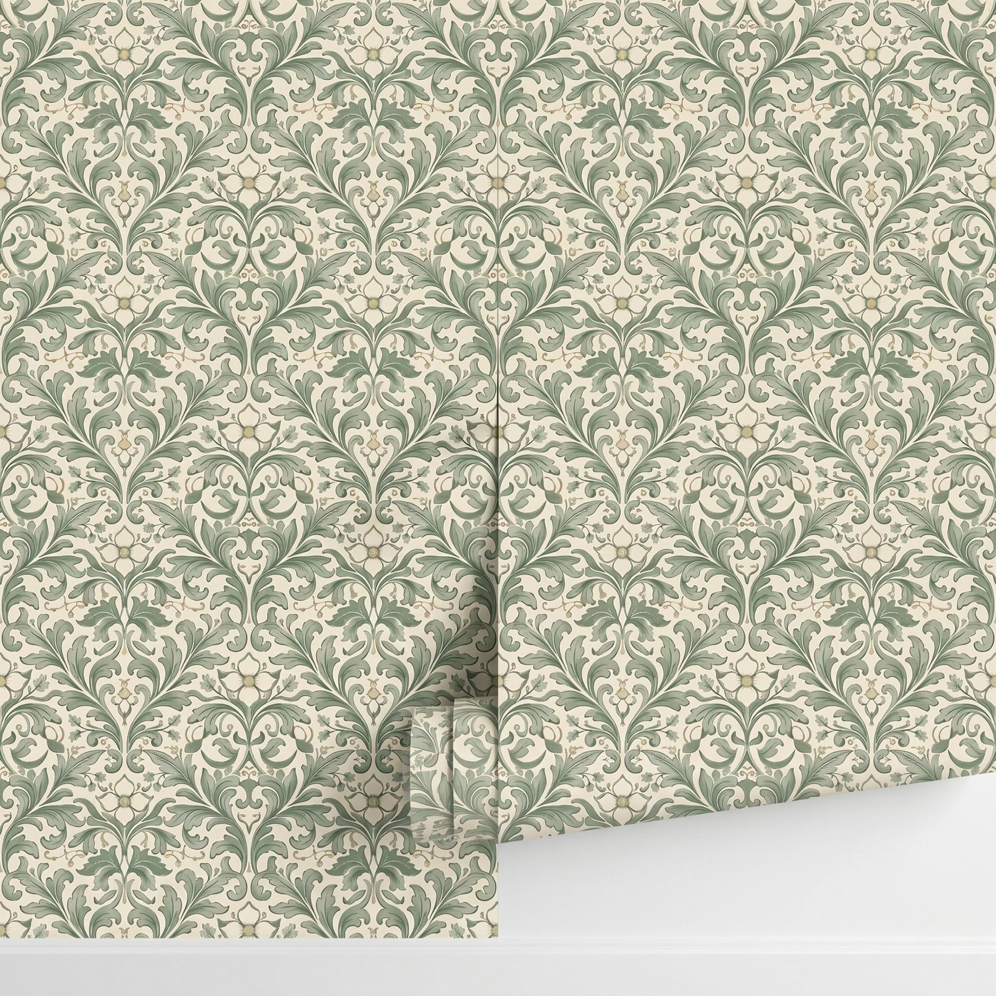 Sage Green William Morris Style Floral Wallpaper, Vintage Botanical Art Nouveau Wall Decor, Cottagecore Aesthetic Home Accents-WP0089