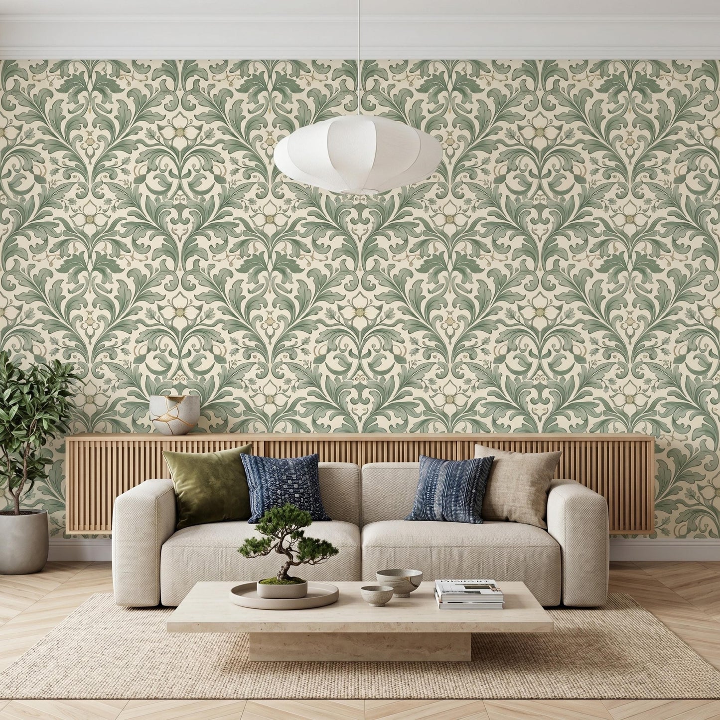 Sage Green William Morris Style Floral Wallpaper, Vintage Botanical Art Nouveau Wall Decor, Cottagecore Aesthetic Home Accents-WP0089