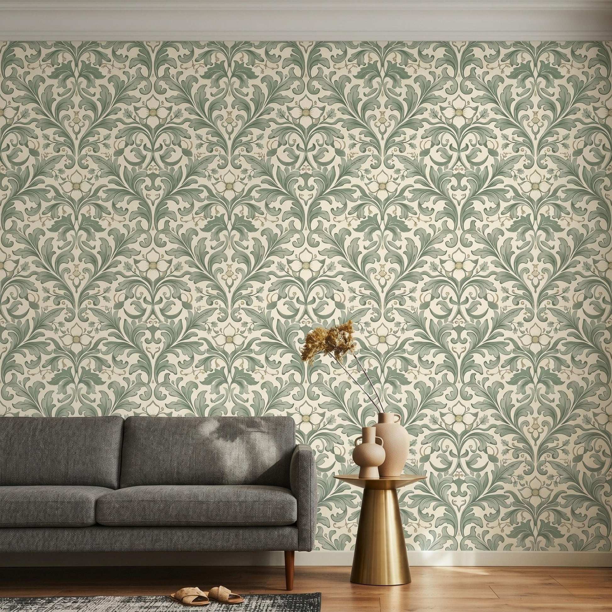 Sage Green William Morris Style Floral Wallpaper, Vintage Botanical Art Nouveau Wall Decor, Cottagecore Aesthetic Home Accents-WP0089