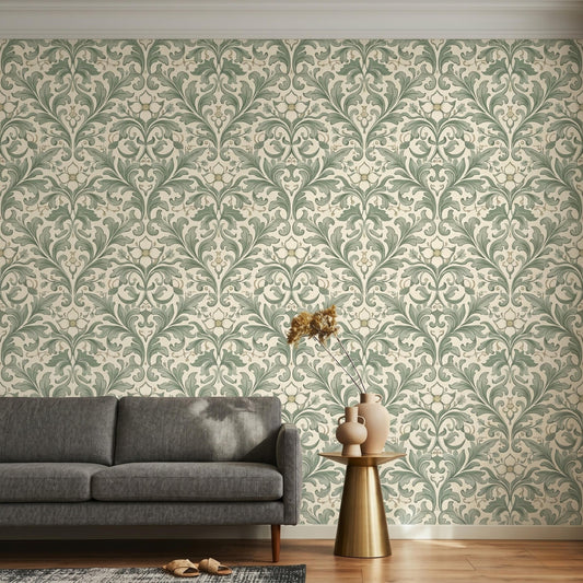 Sage Green William Morris Style Floral Wallpaper, Vintage Botanical Art Nouveau Wall Decor, Cottagecore Aesthetic Home Accents-WP0089