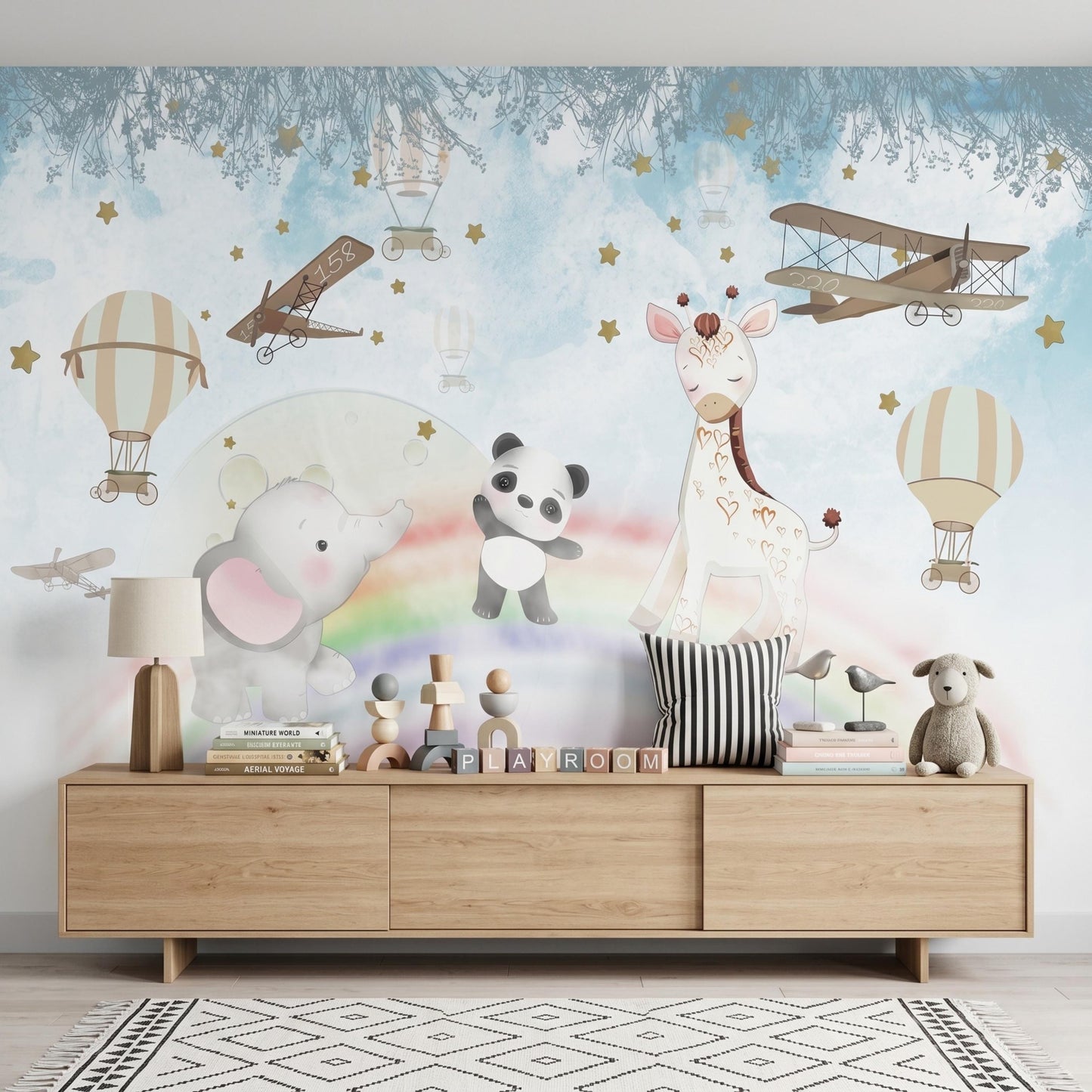 Blue Watercolor Nursery Wall Mural, Safari Animal Wallpaper, Panda Giraffe Decor, Vintage Biplane Baby Room-WP0090