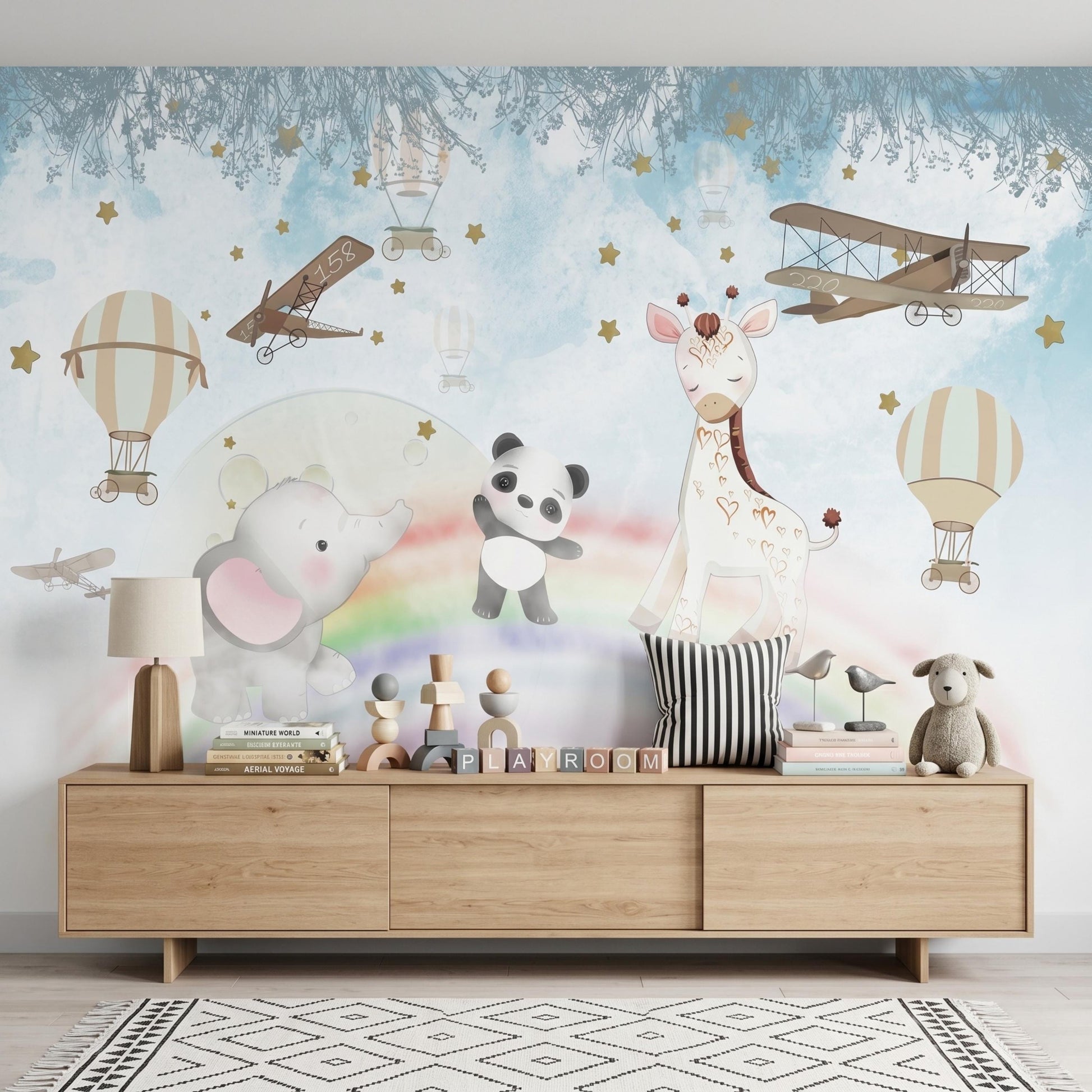 Blue Watercolor Nursery Wall Mural, Safari Animal Wallpaper, Panda Giraffe Decor, Vintage Biplane Baby Room-WP0090