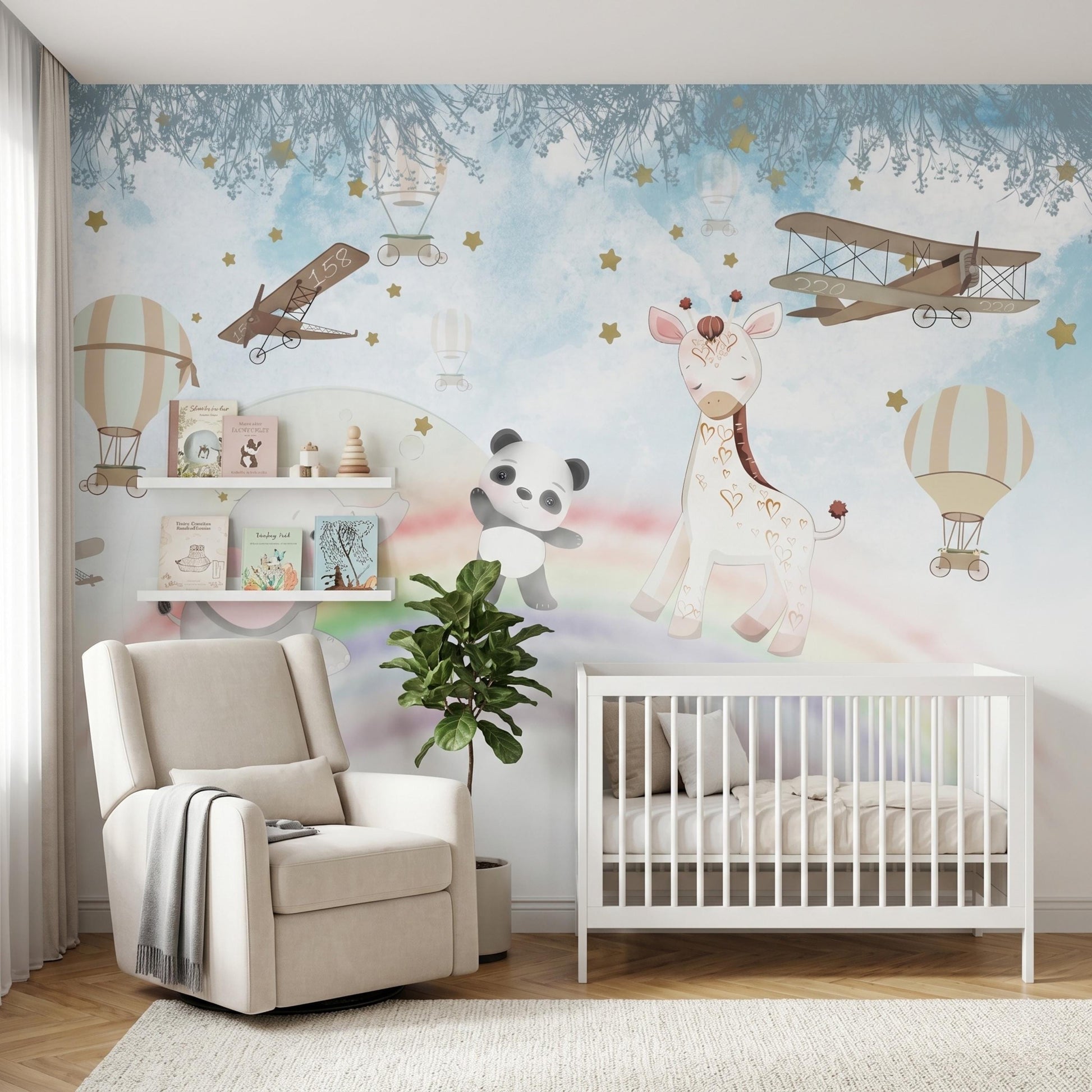 Blue Watercolor Nursery Wall Mural, Safari Animal Wallpaper, Panda Giraffe Decor, Vintage Biplane Baby Room-WP0090