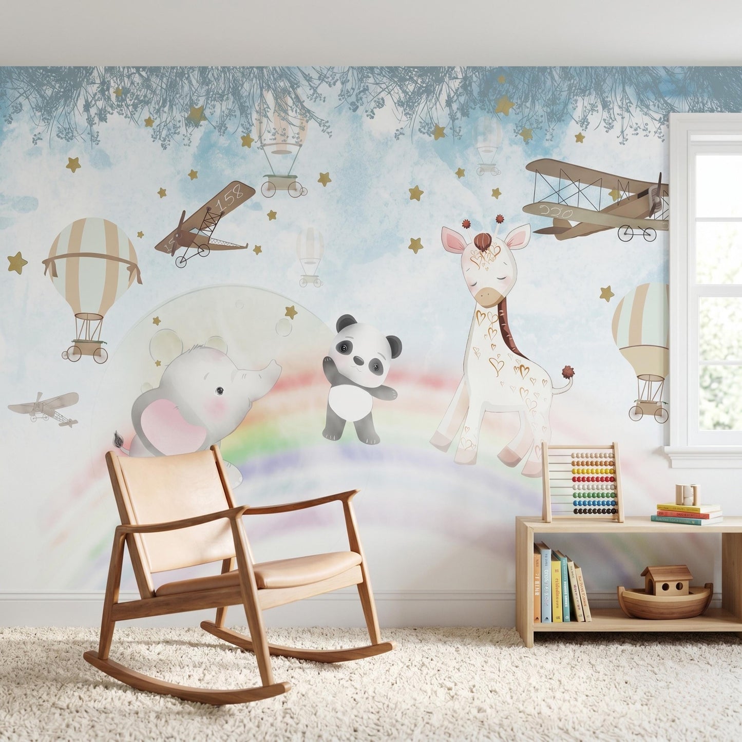 Blue Watercolor Nursery Wall Mural, Safari Animal Wallpaper, Panda Giraffe Decor, Vintage Biplane Baby Room-WP0090
