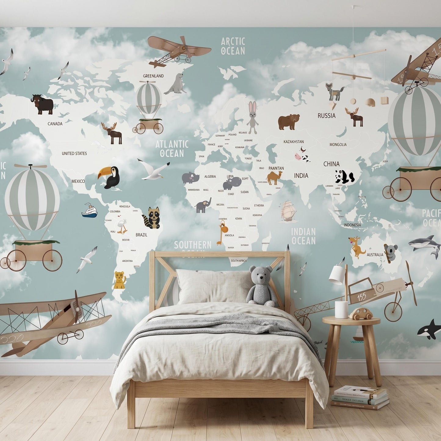 Kids World Map Wallpaper, Nursery Animal Wall Mural, Hot Air Balloon & Airplane Decal, Playroom Decor, Educational Baby Room Wall Art-WP0091