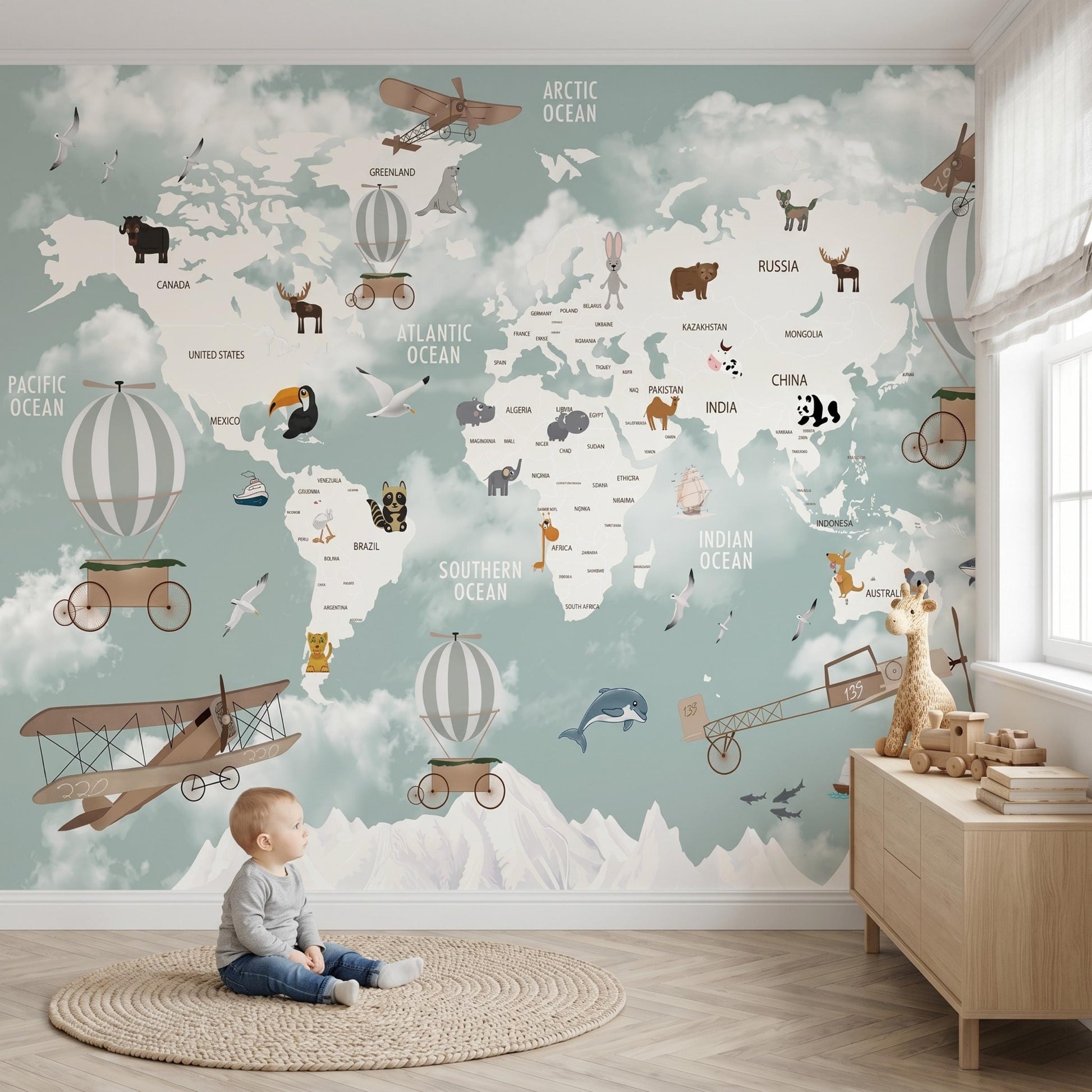 Kids World Map Wallpaper, Nursery Animal Wall Mural, Hot Air Balloon & Airplane Decal, Playroom Decor, Educational Baby Room Wall Art-WP0091