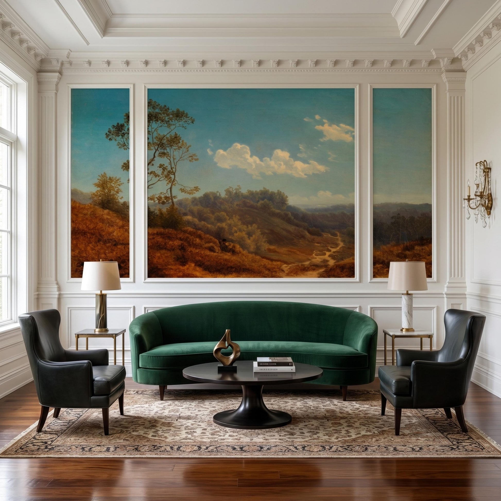 Vintage Landscape Wallpaper, Large Scale Teal Blue Forest Mural, Removable Living Room Wall Art, Old World Bedroom Decor-WP0064