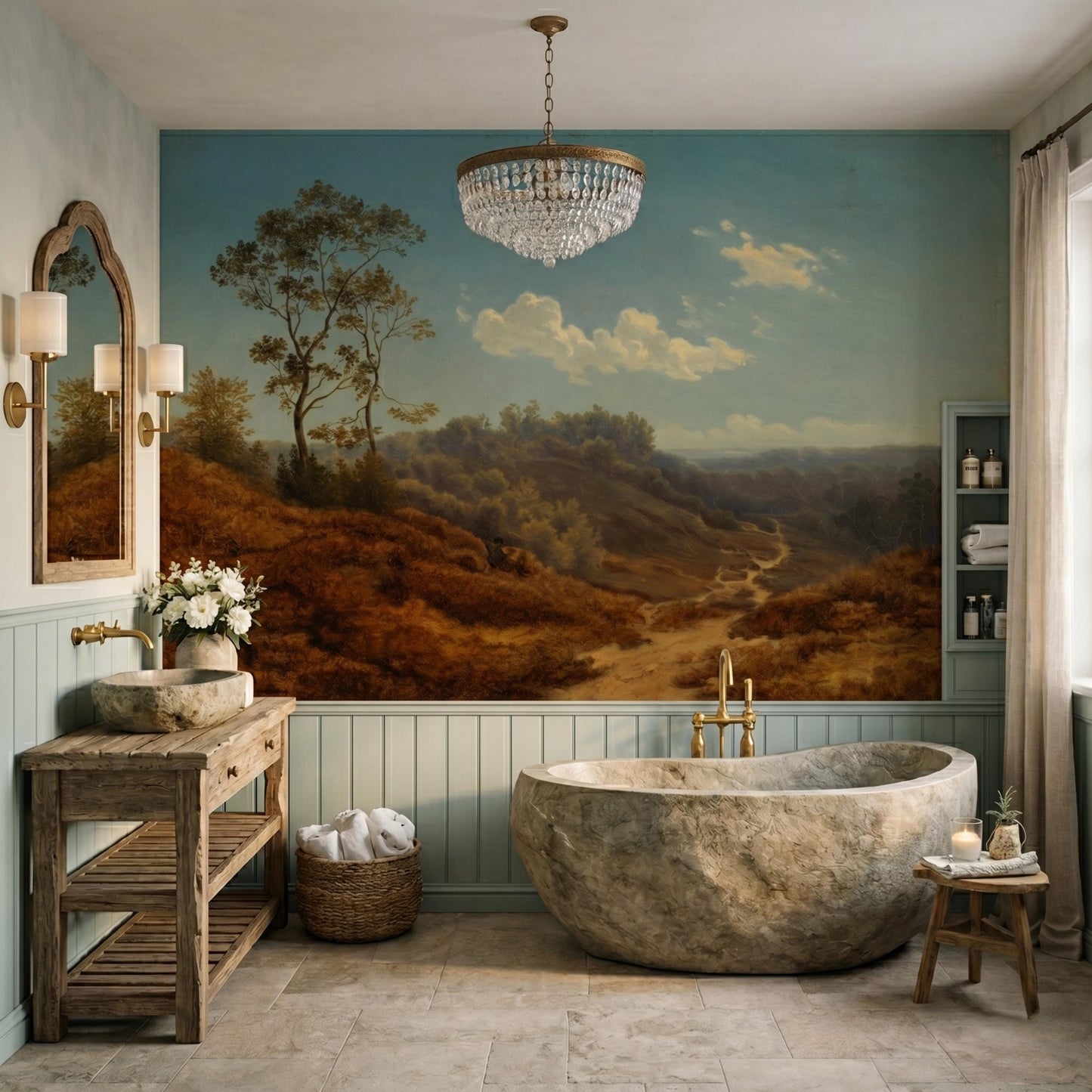 Vintage Landscape Wallpaper, Large Scale Teal Blue Forest Mural, Removable Living Room Wall Art, Old World Bedroom Decor-WP0064