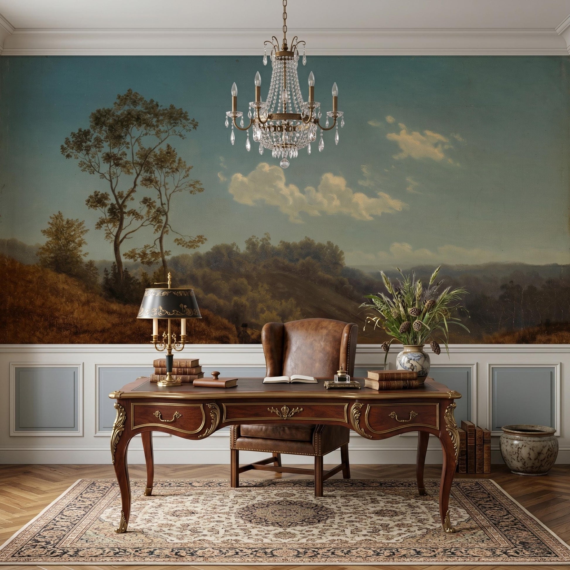Vintage Landscape Wallpaper, Large Scale Teal Blue Forest Mural, Removable Living Room Wall Art, Old World Bedroom Decor-WP0064