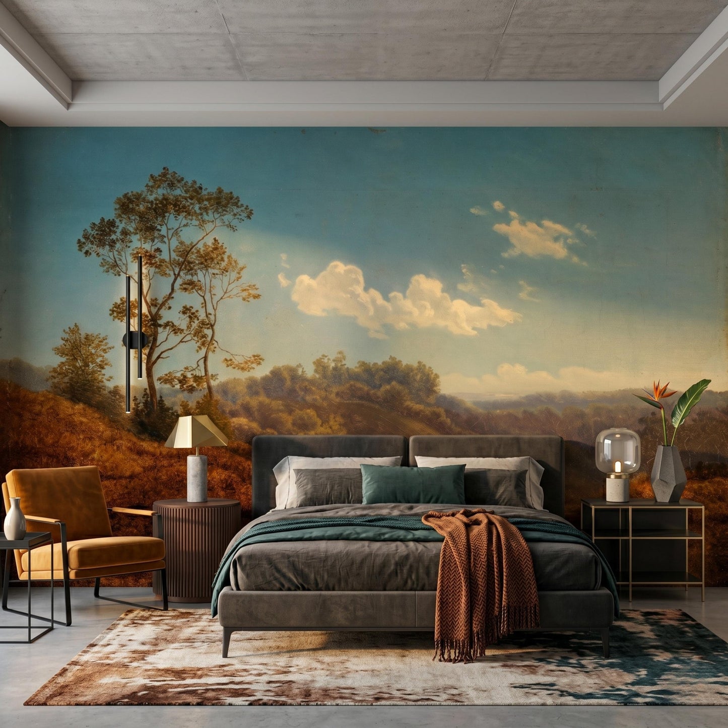 Vintage Landscape Wallpaper, Large Scale Teal Blue Forest Mural, Removable Living Room Wall Art, Old World Bedroom Decor-WP0064