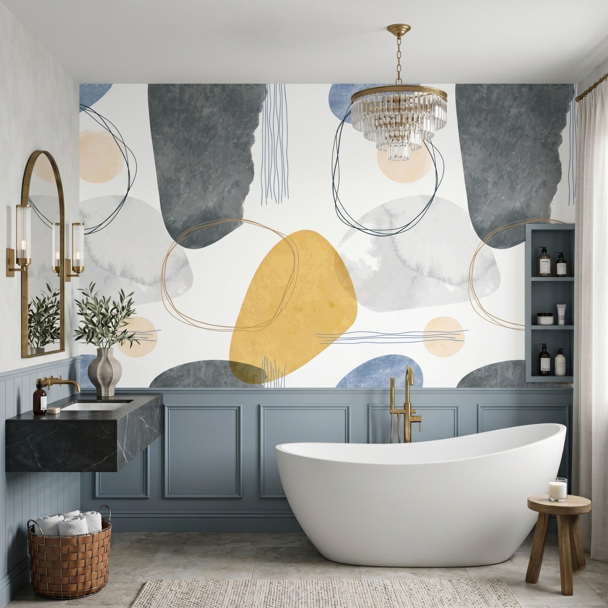 Abstract Boho Wallpaper | Mustard Yellow & Navy Blue Wall Mural | Watercolor Geometric Wall Decor | Peel and Stick Modern Wallpaper-WP0092