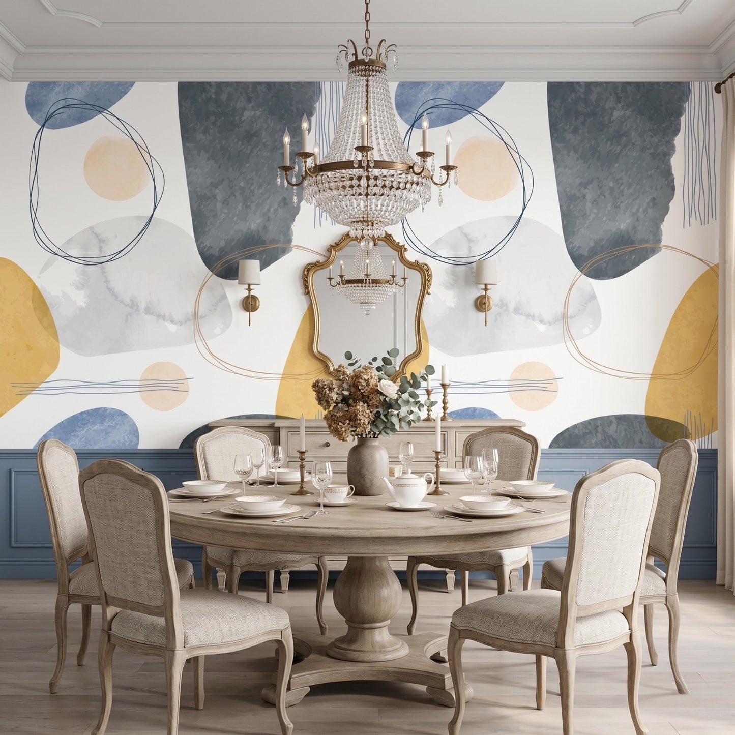 Abstract Boho Wallpaper | Mustard Yellow & Navy Blue Wall Mural | Watercolor Geometric Wall Decor | Peel and Stick Modern Wallpaper-WP0092