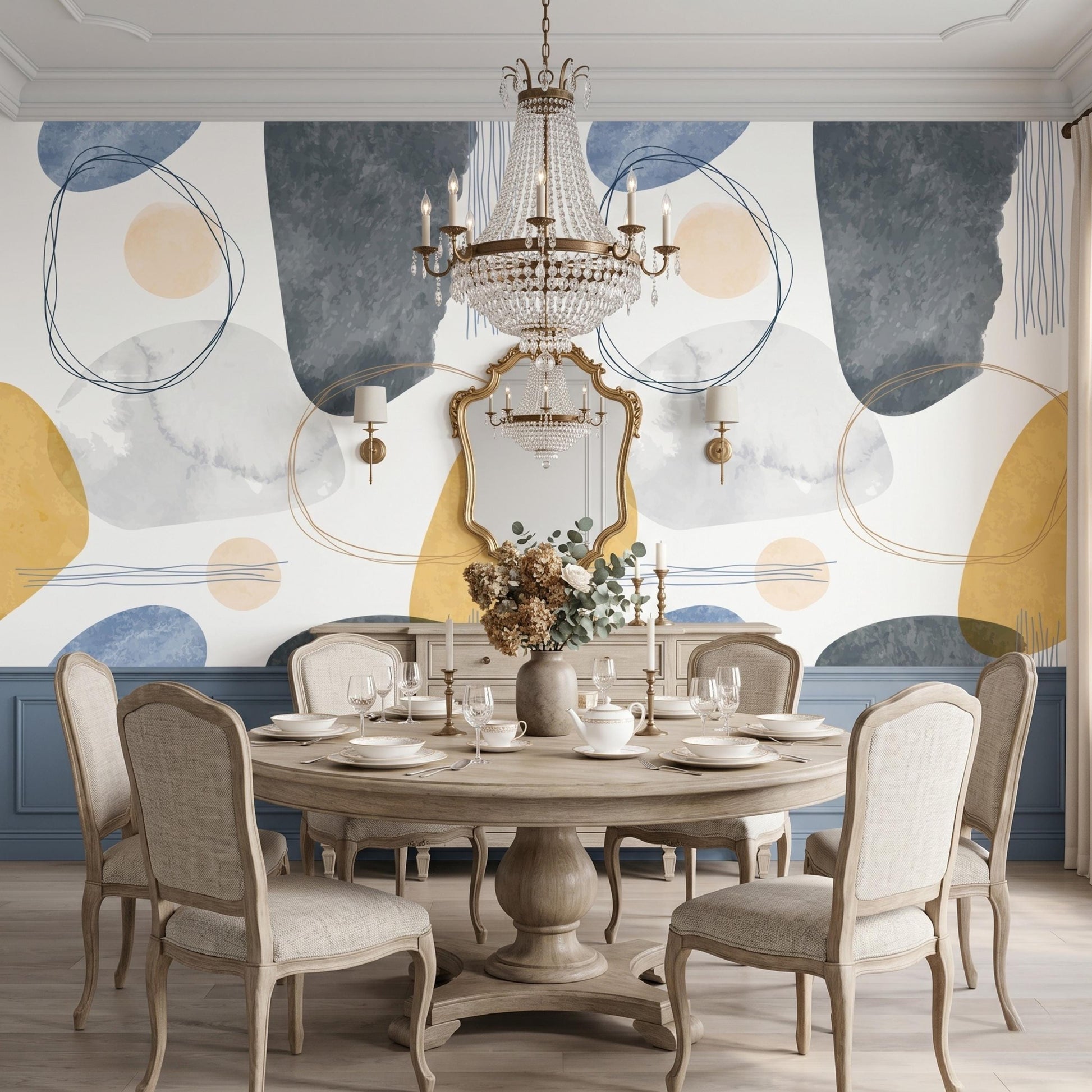 Abstract Boho Wallpaper | Mustard Yellow & Navy Blue Wall Mural | Watercolor Geometric Wall Decor | Peel and Stick Modern Wallpaper-WP0092