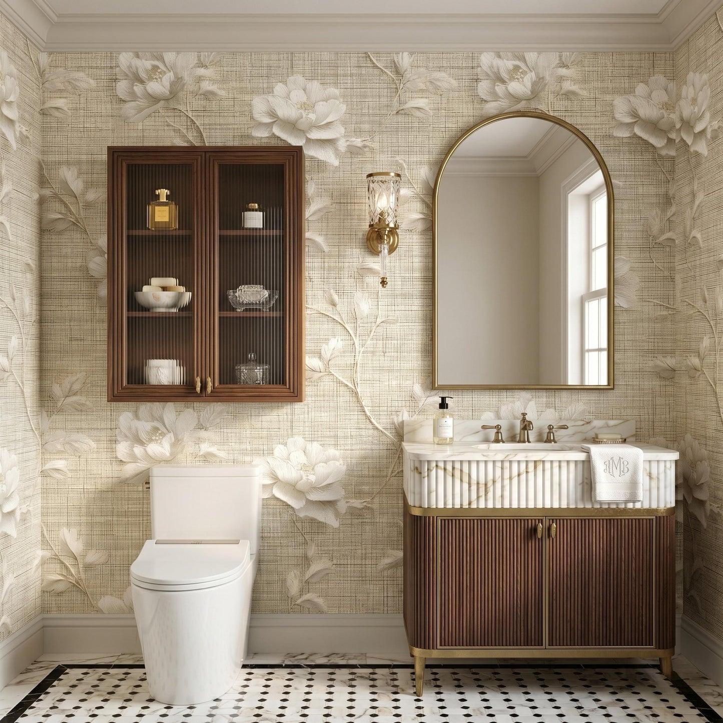 3D Floral Wallpaper Linen Texture Look, Neutral Beige Flower Wall Mural, Vintage Peony Removable Peel and Stick Wallpaper-WP0093