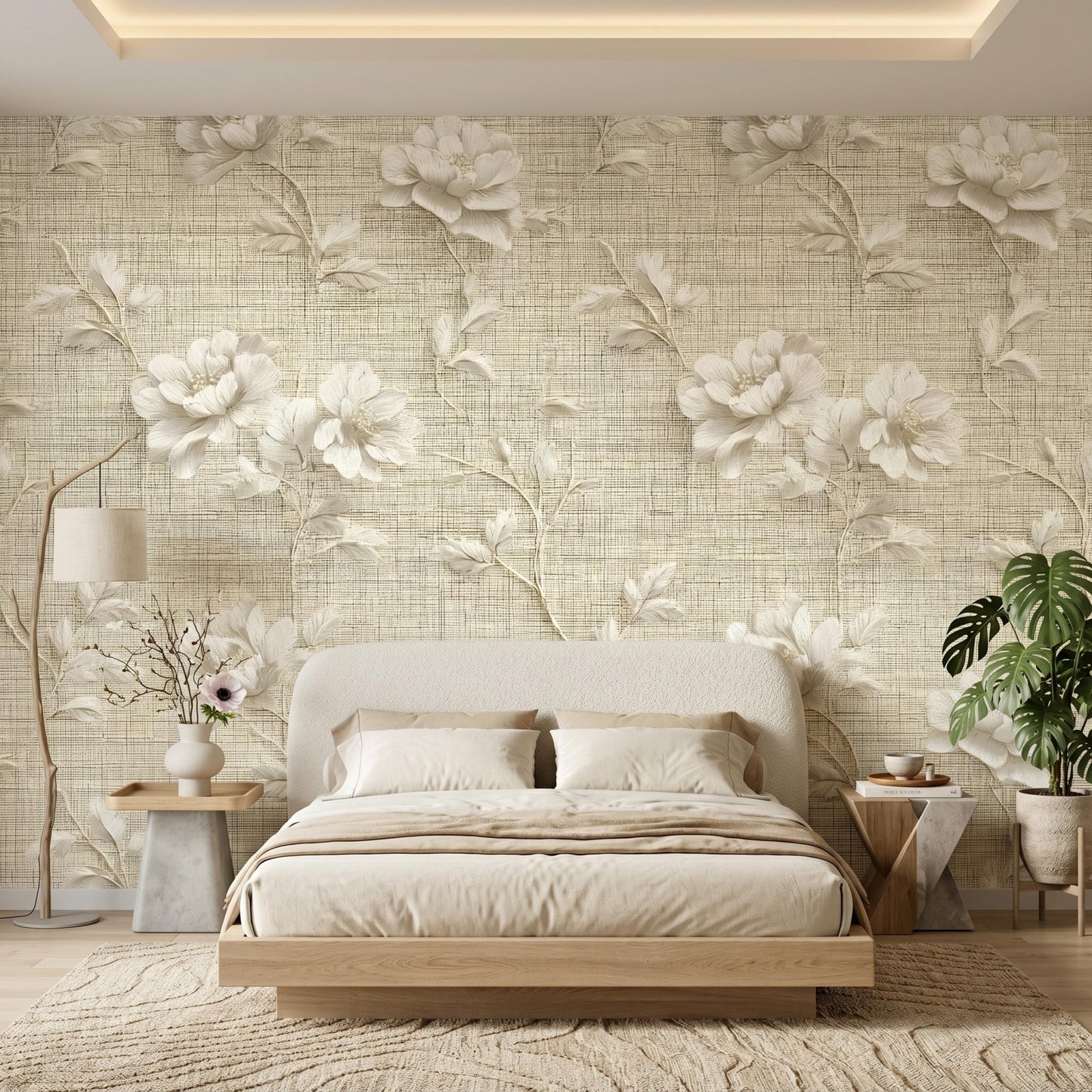 3D Floral Wallpaper Linen Texture Look, Neutral Beige Flower Wall Mural, Vintage Peony Removable Peel and Stick Wallpaper-WP0093
