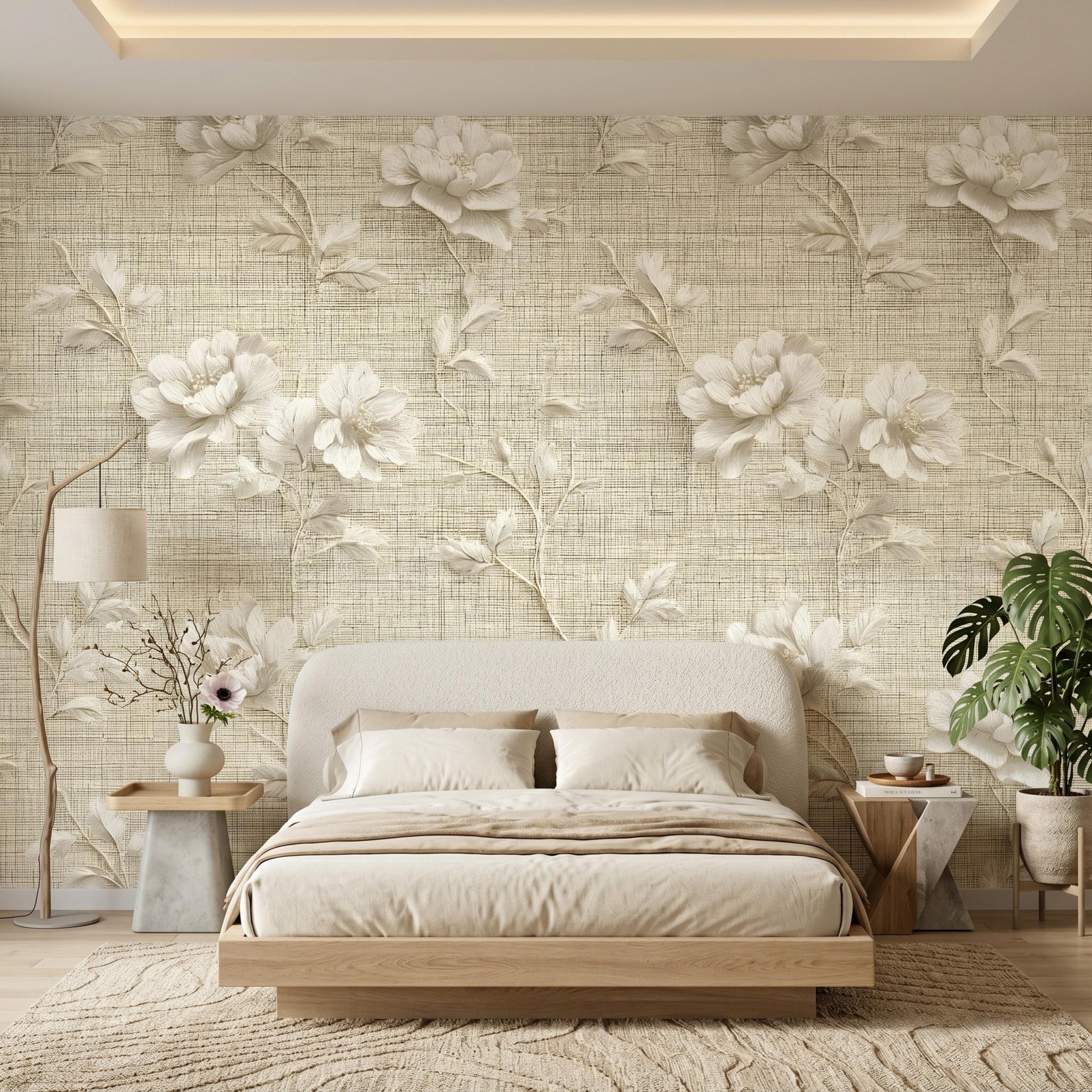 3D Floral Wallpaper Linen Texture Look, Neutral Beige Flower Wall Mural, Vintage Peony Removable Peel and Stick Wallpaper-WP0093