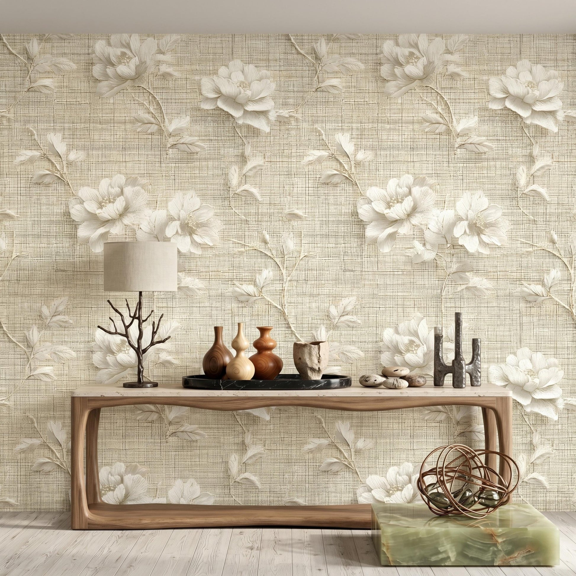 3D Floral Wallpaper Linen Texture Look, Neutral Beige Flower Wall Mural, Vintage Peony Removable Peel and Stick Wallpaper-WP0093