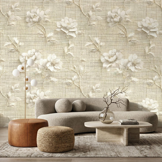 3D Floral Wallpaper Linen Texture Look, Neutral Beige Flower Wall Mural, Vintage Peony Removable Peel and Stick Wallpaper-WP0093