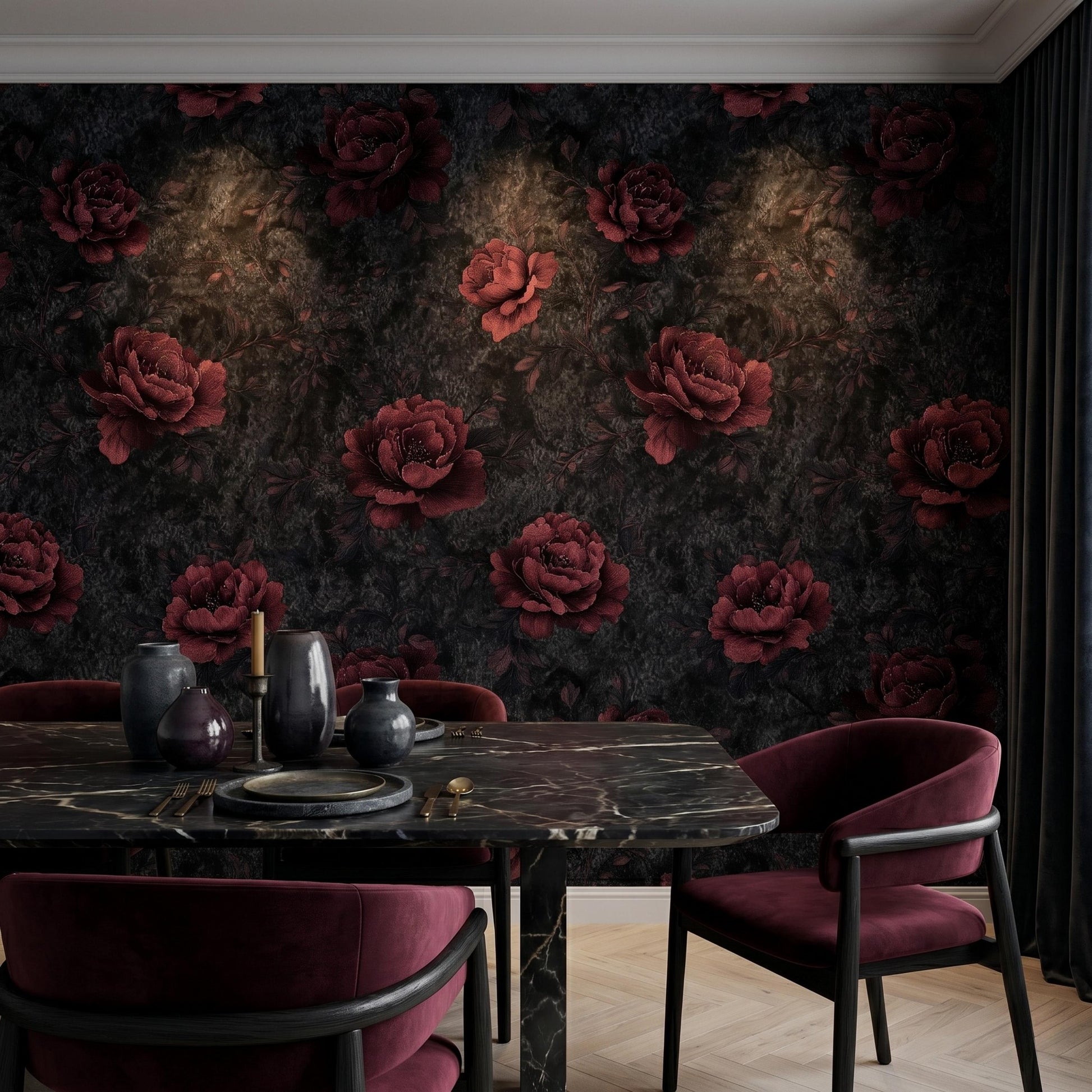 Dark Floral Wallpaper Peel and Stick Moody Burgundy Rose Wall Mural Gothic Black and Red Flower Wallpaper Dark Botanical Wall Decor-WP0094