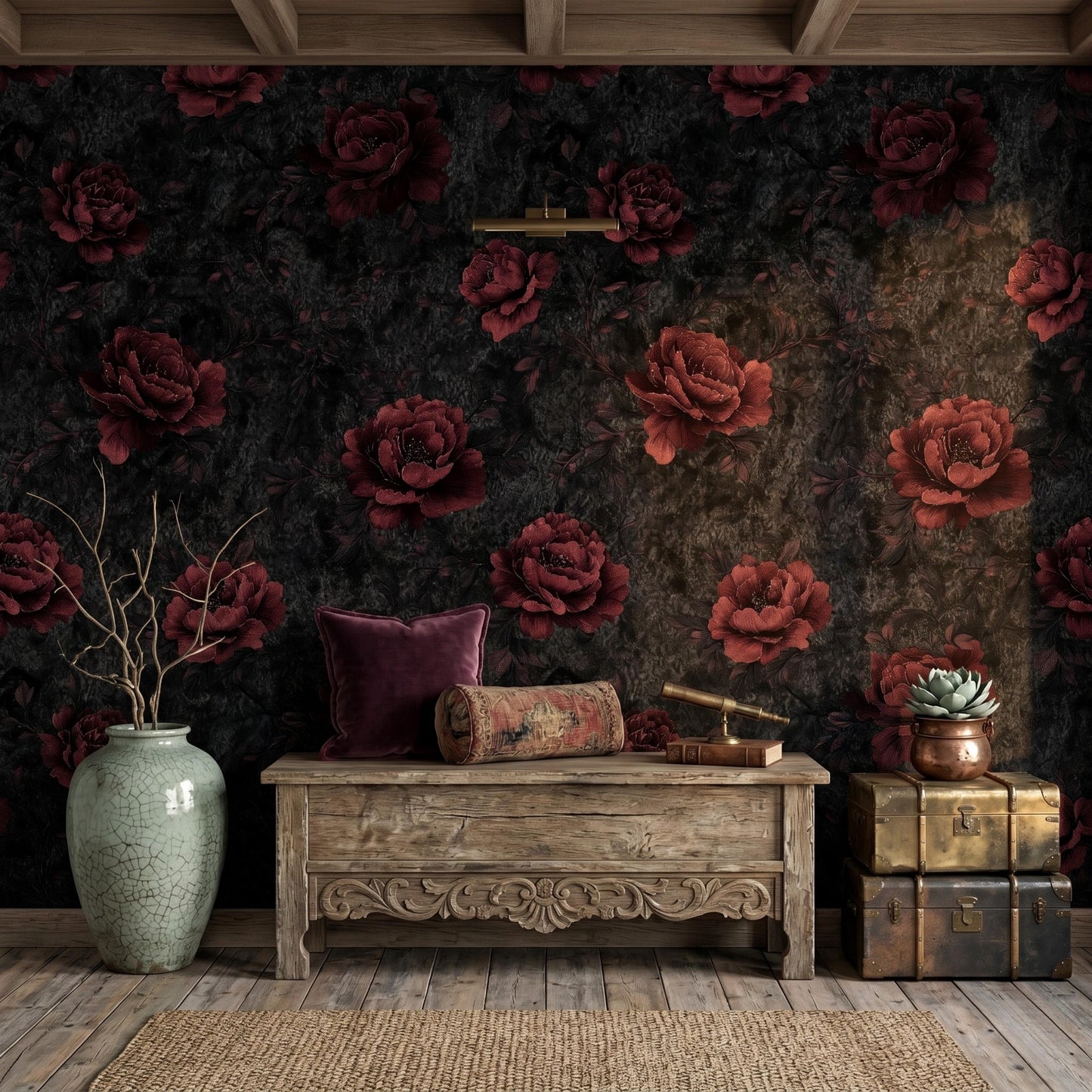 Dark Floral Wallpaper Peel and Stick Moody Burgundy Rose Wall Mural Gothic Black and Red Flower Wallpaper Dark Botanical Wall Decor-WP0094